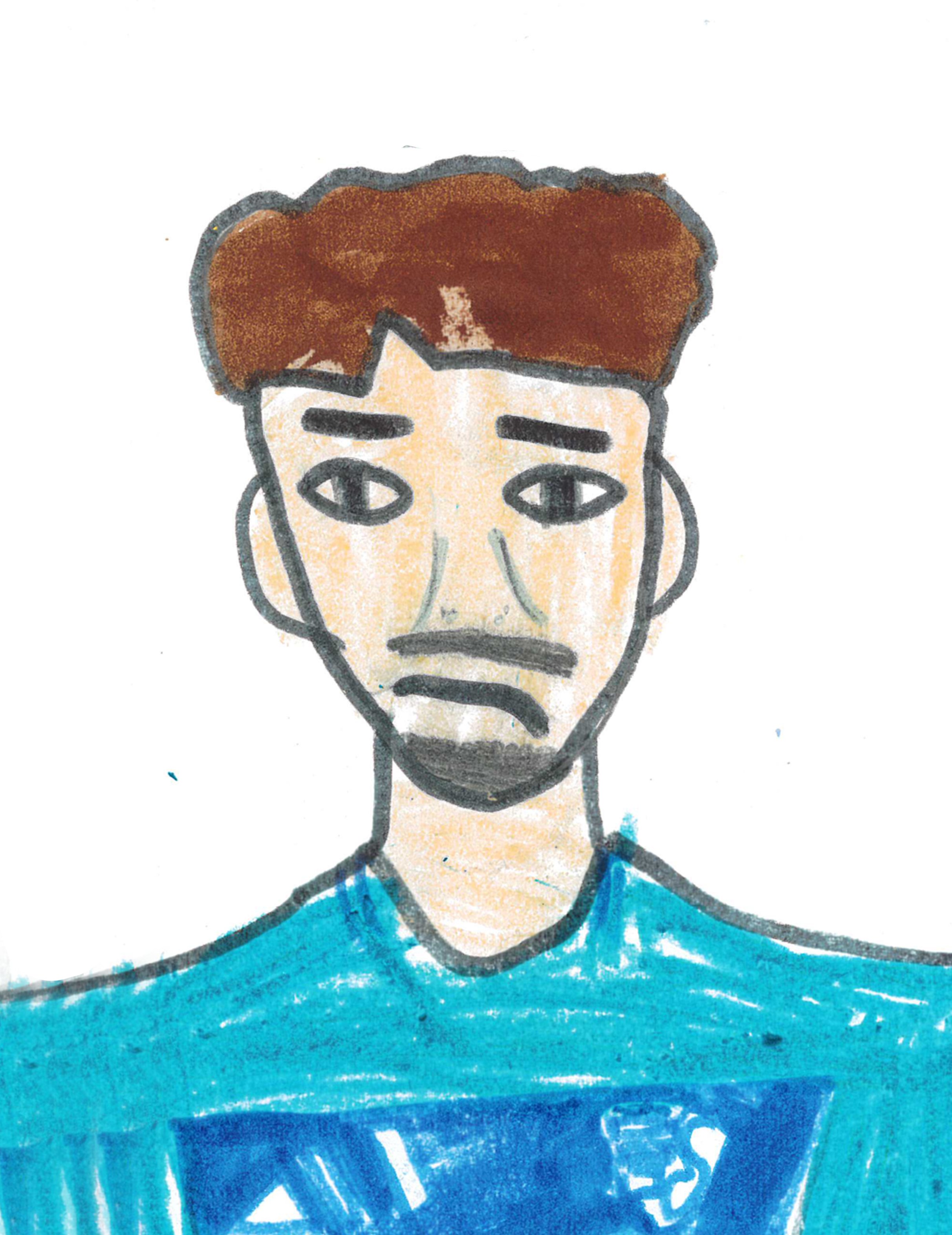 Hand-drawn portrait of a person with brown hair, wearing a blue shirt with a Superman logo, looking sad or concerned.