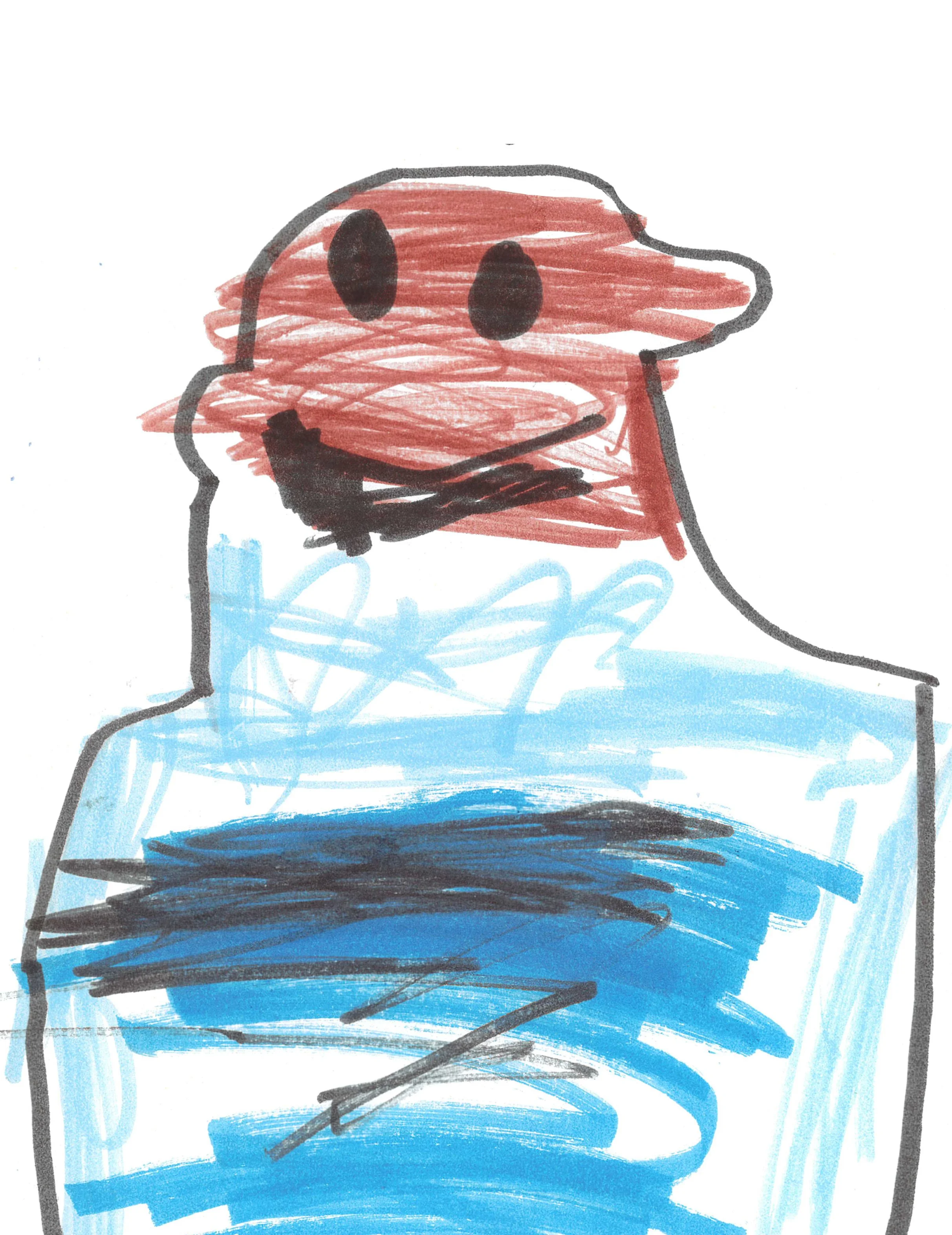 Child's crayon drawing of a person with a pink face, black eyes, black mustache, and wearing a blue shirt.