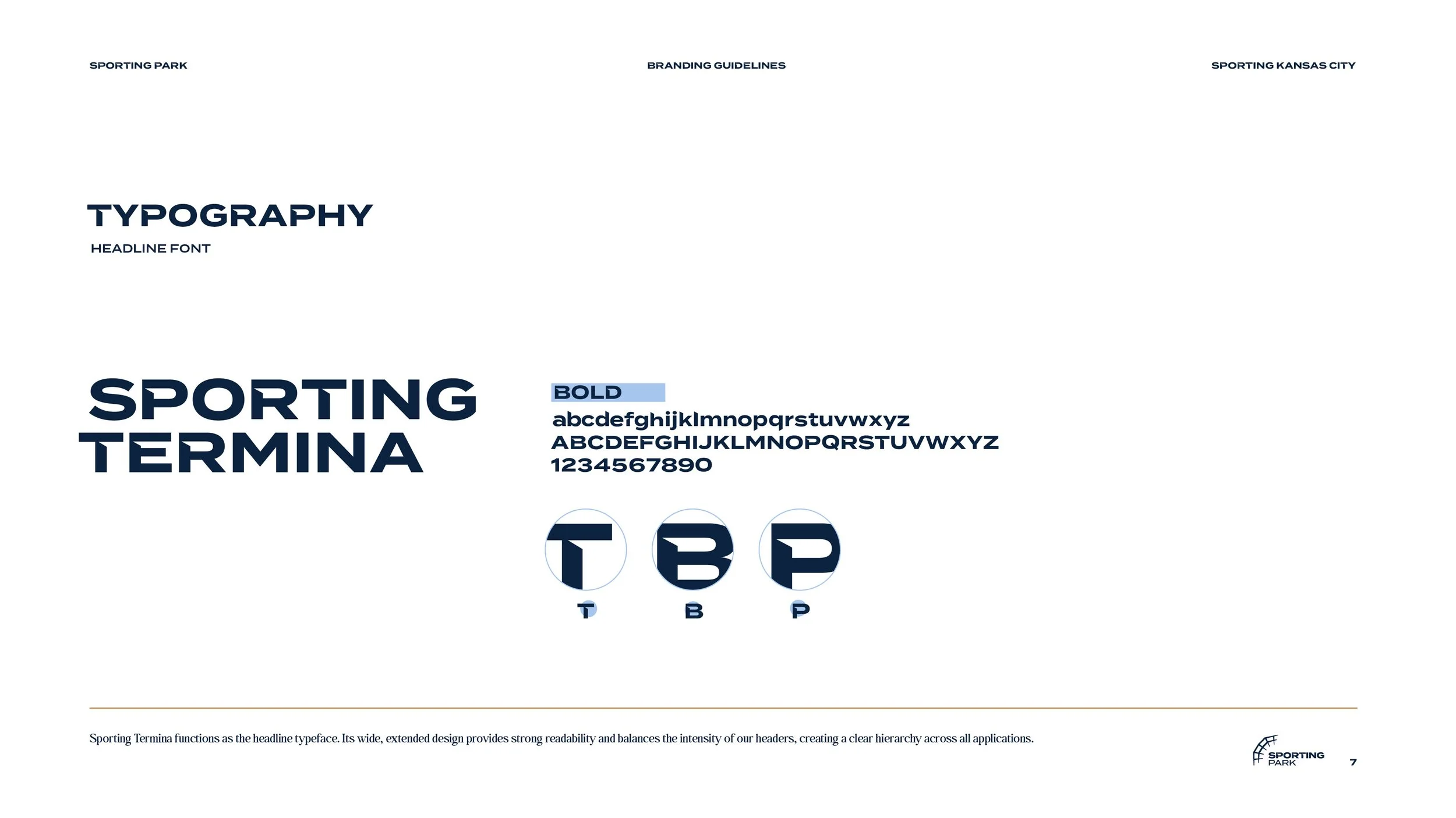 Sports branding and typography guidelines with large bold header text, alphabet in uppercase and lowercase, and logo elements with circular backgrounds and letters T, B, P.