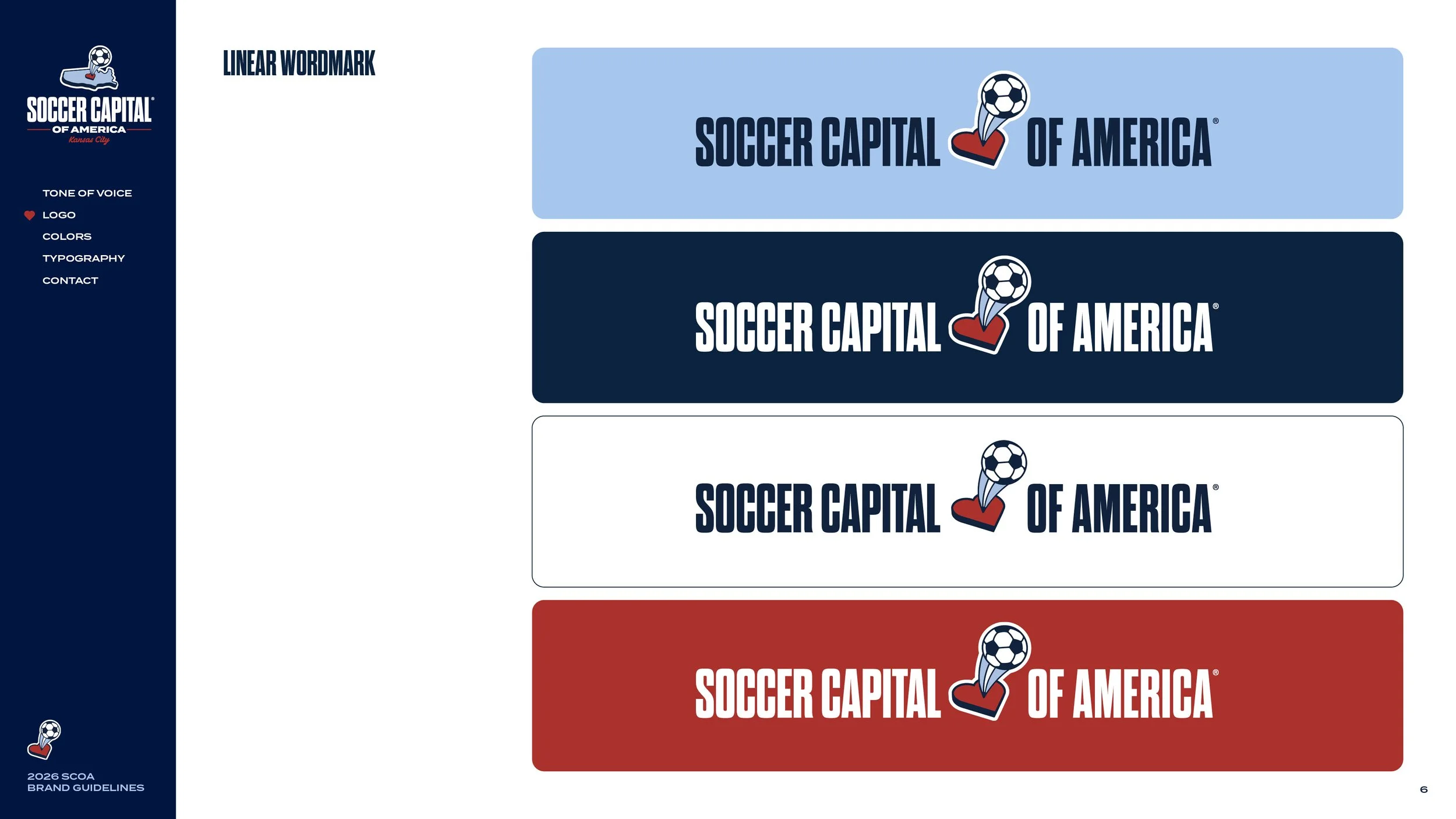 Four different versions of the Soccer Capital of America logo in blue, navy, white, and red backgrounds, with a soccer ball and checkmark icon.