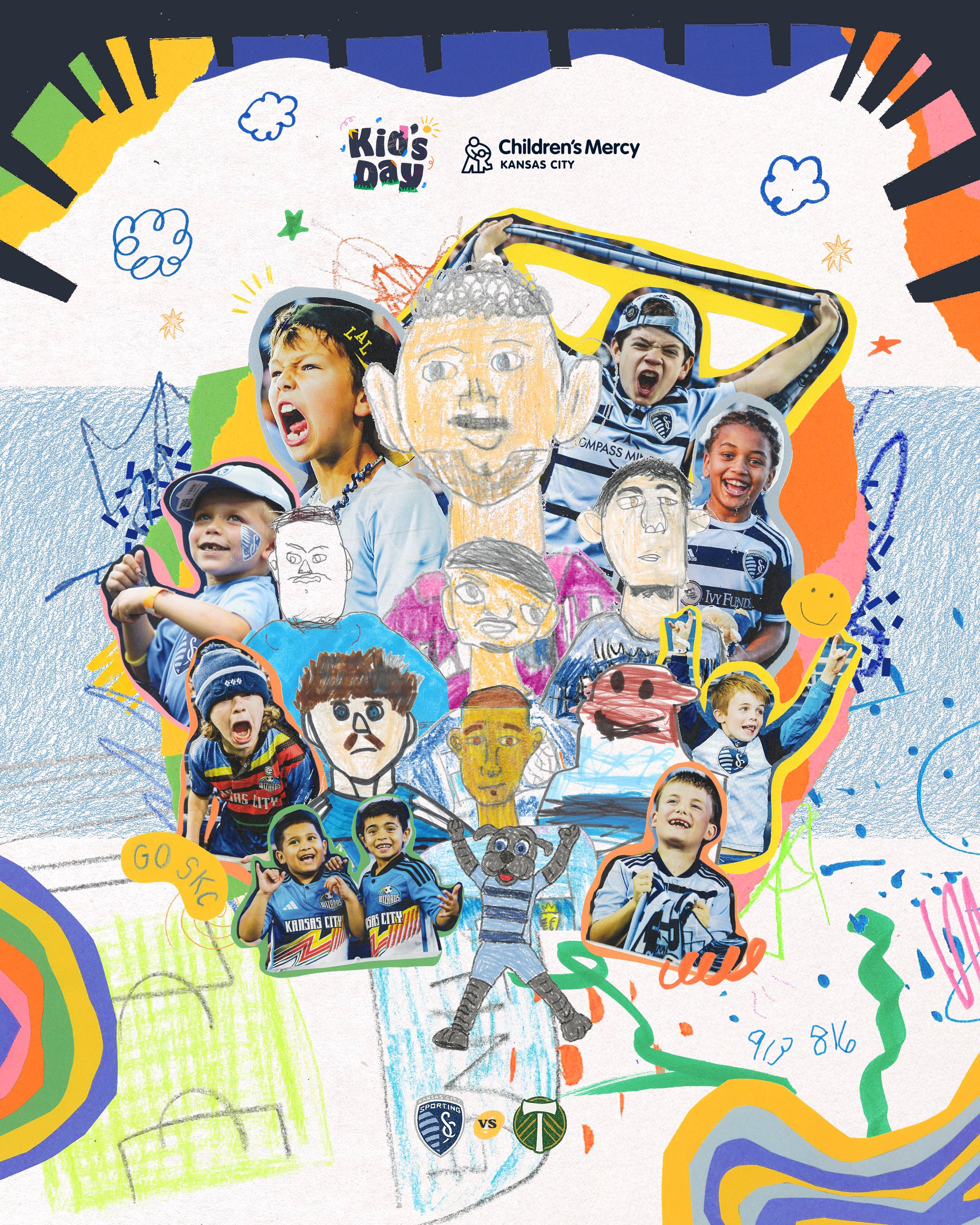 Collage of children and hand-drawn sketches celebrating Kids' Day, including photos of children with soccer jerseys, colorful scribbles, and team logos, with the Children's Mercy Kansas City logo at the top.