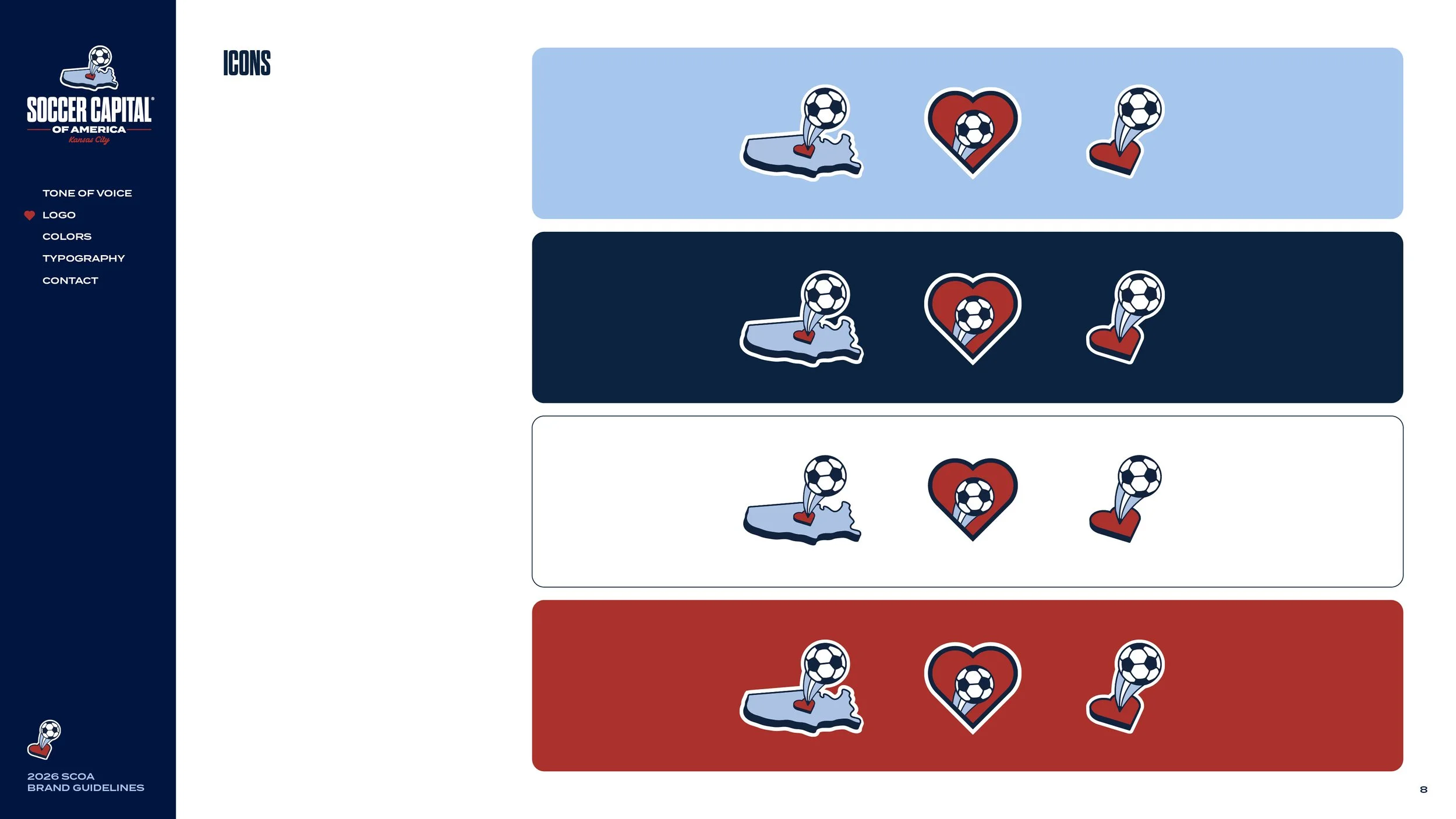 Color palette of four icons for Soccer Capital of America, featuring a soccer ball on a map of Kansas, a soccer ball inside a heart, and a soccer ball on a check mark, in different background colors.