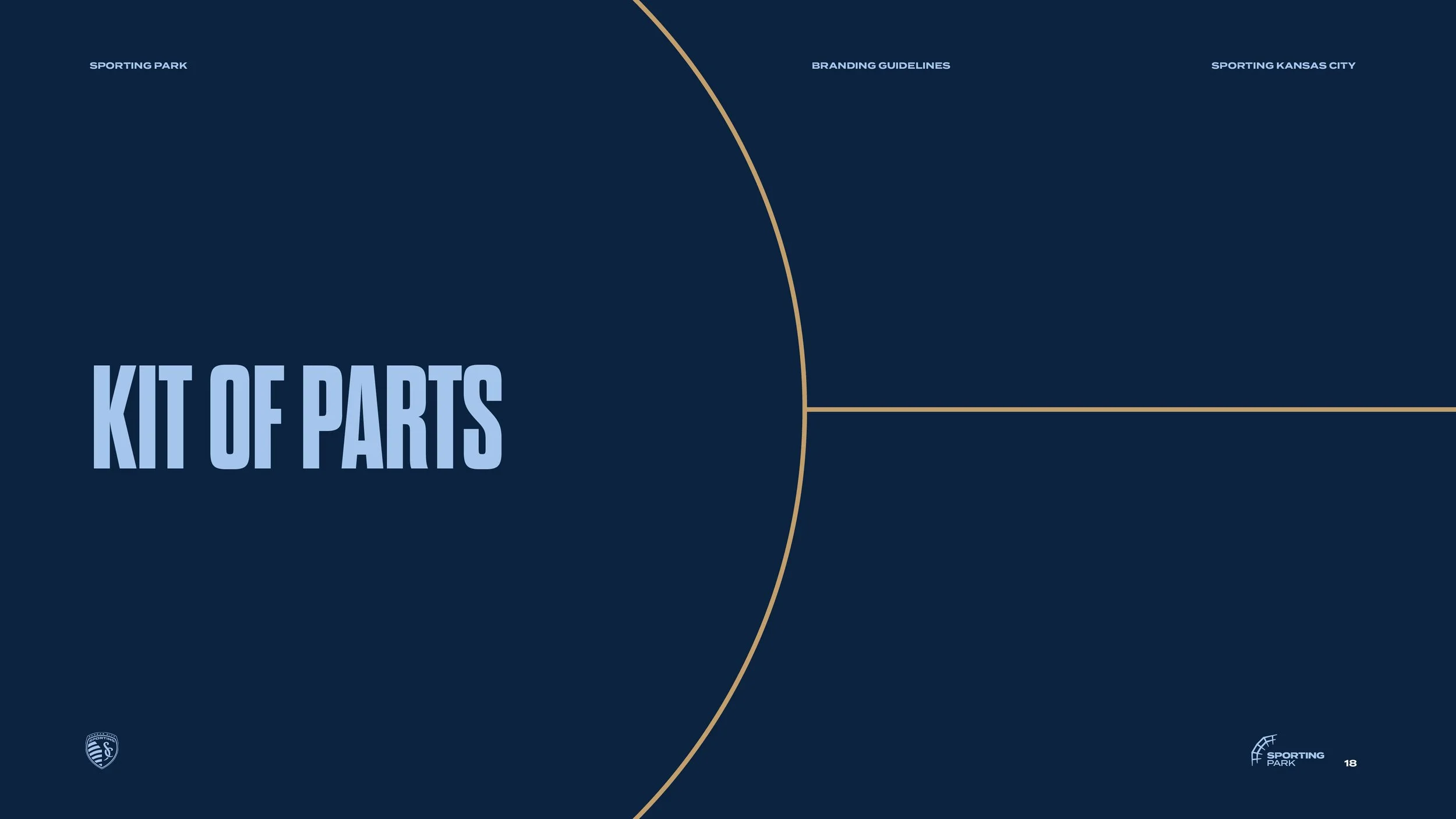 Slide titled 'Kit of Parts' with sections labeled Sporting Park, Branding Guidelines, Sporting Kansas City, and Sporting Park, with a small logo at the bottom left and bottom right.