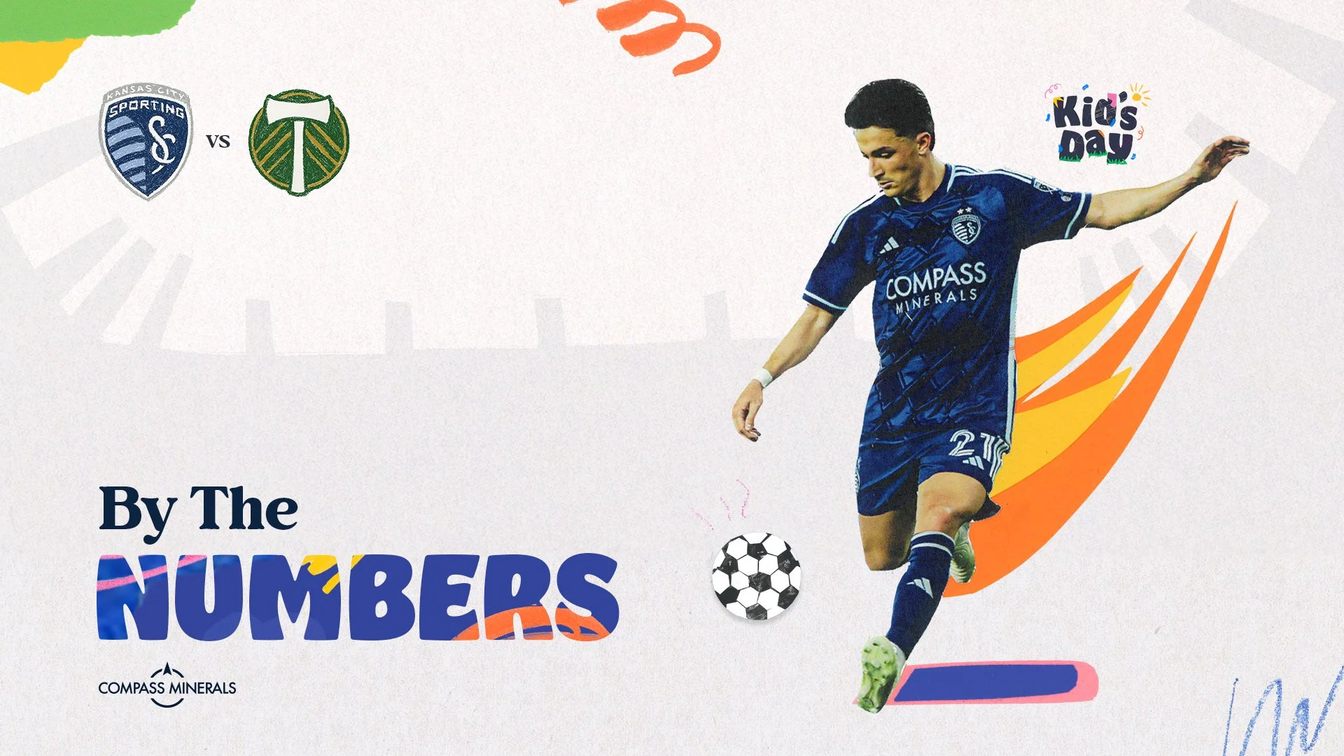 Promotional graphic for a Kids' Day event featuring a soccer match between Sporting Kansas City and Portland Timbers. The graphic includes a soccer player in a blue jersey, a soccer ball, colorful text that reads "By the NUMBERS," and sponsored by Co