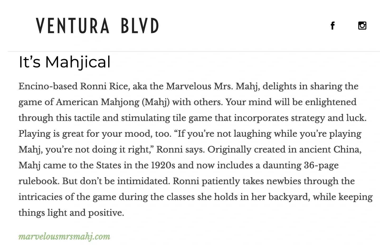 Ventura Blvd. Magazine "It's Mahjical"