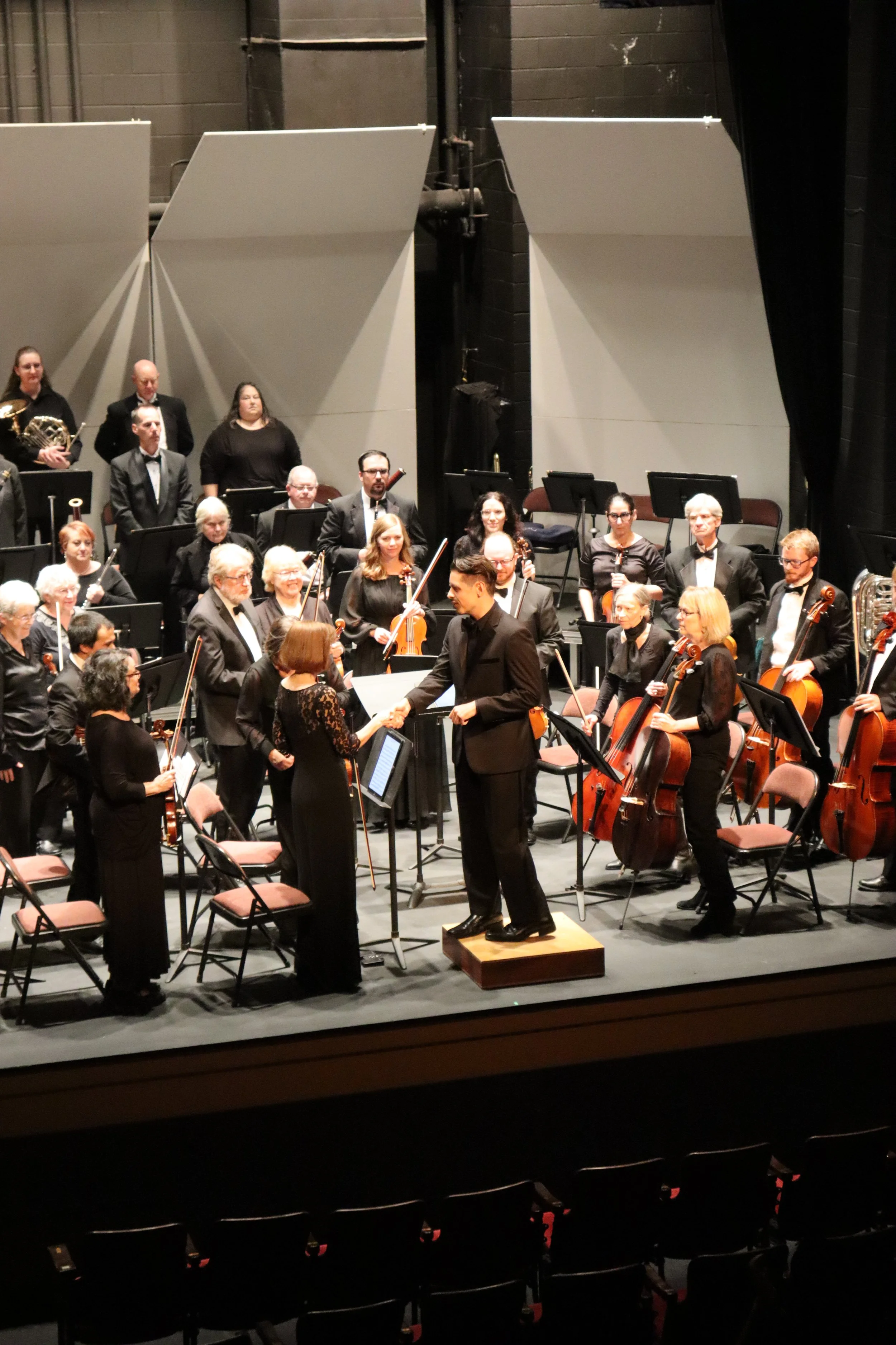 An orchestra on stage during a concert, with musicians holding various instruments and a conductor leading them.