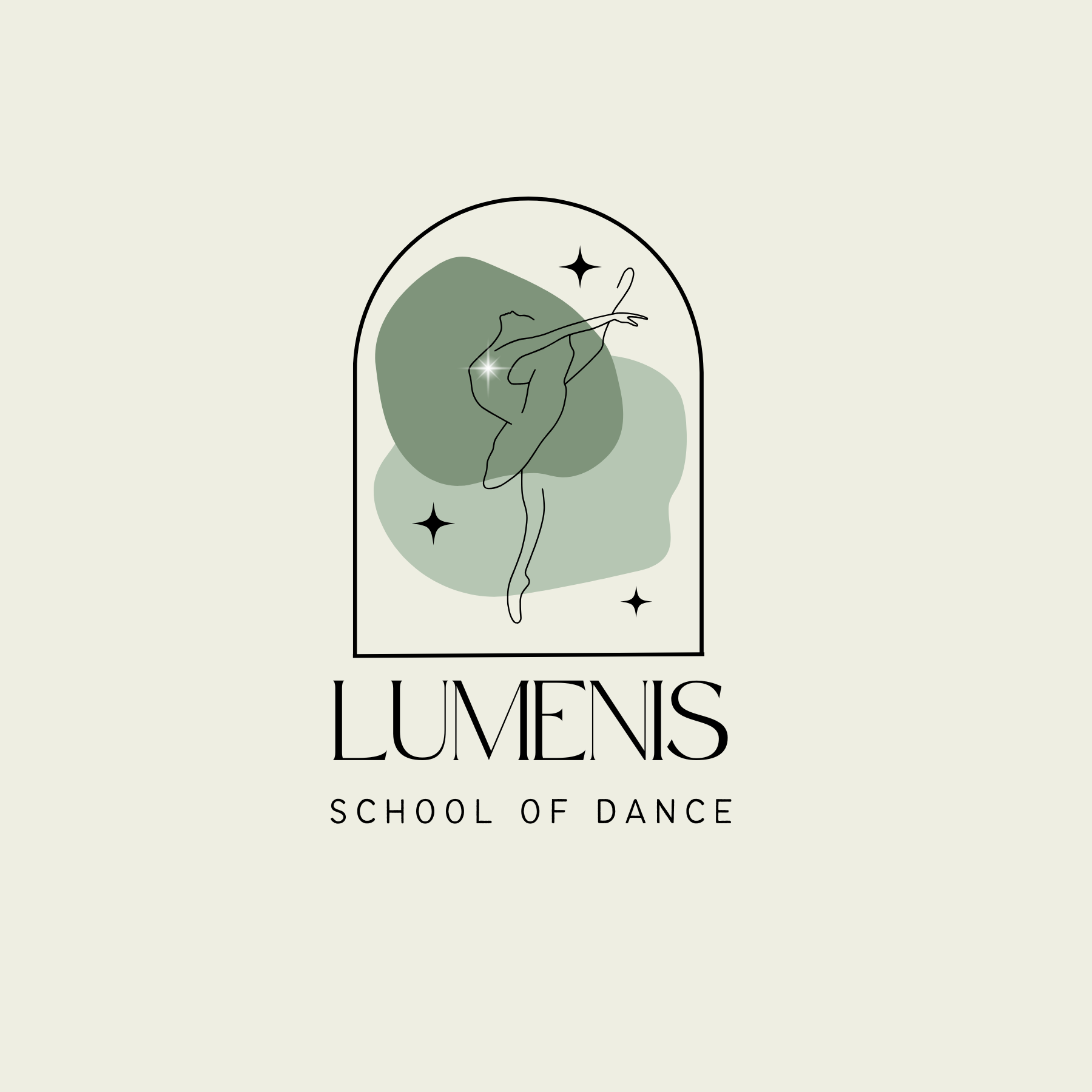 Minimalist logo for Lumens School of Dance featuring a line drawing of a dancer within a black arched frame, with stars and abstract green shapes in the background, and black text reading 'Lumens School of Dance'.