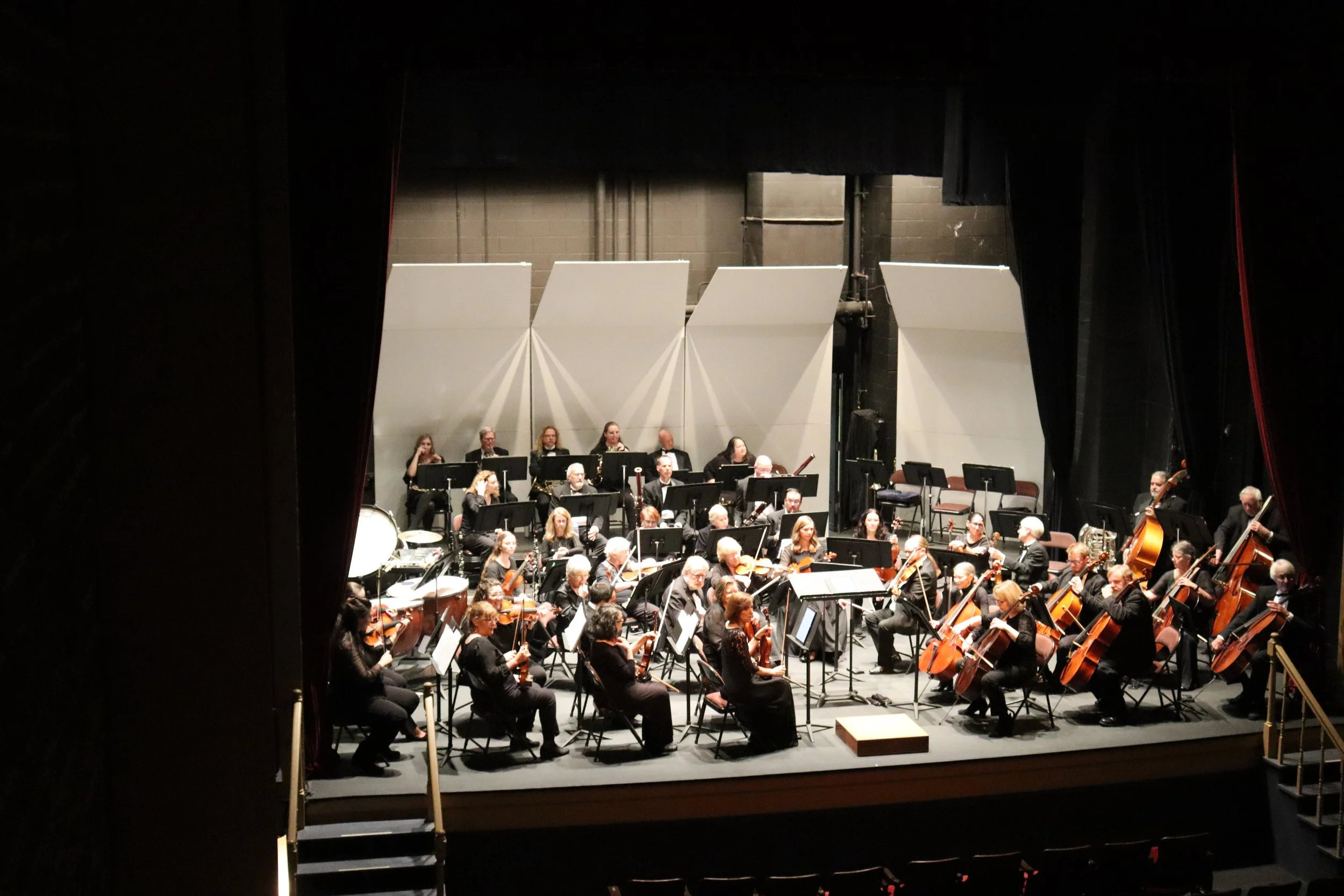 Orchestra performing on stage during a concert, viewed from behind the curtain.