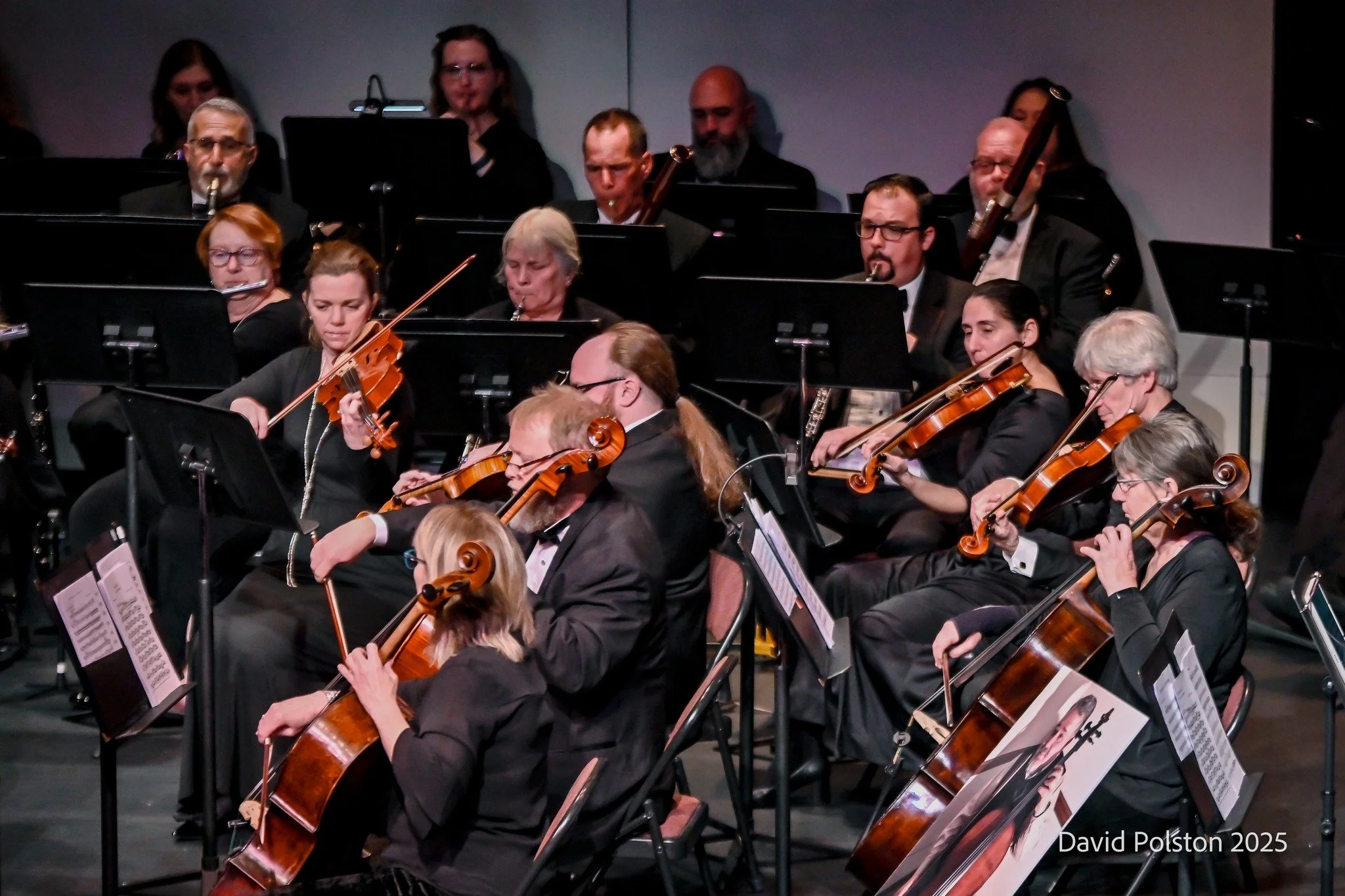 An orchestra performing on stage with musicians playing violins, cellos, and woodwind instruments, dressed in formal black attire.