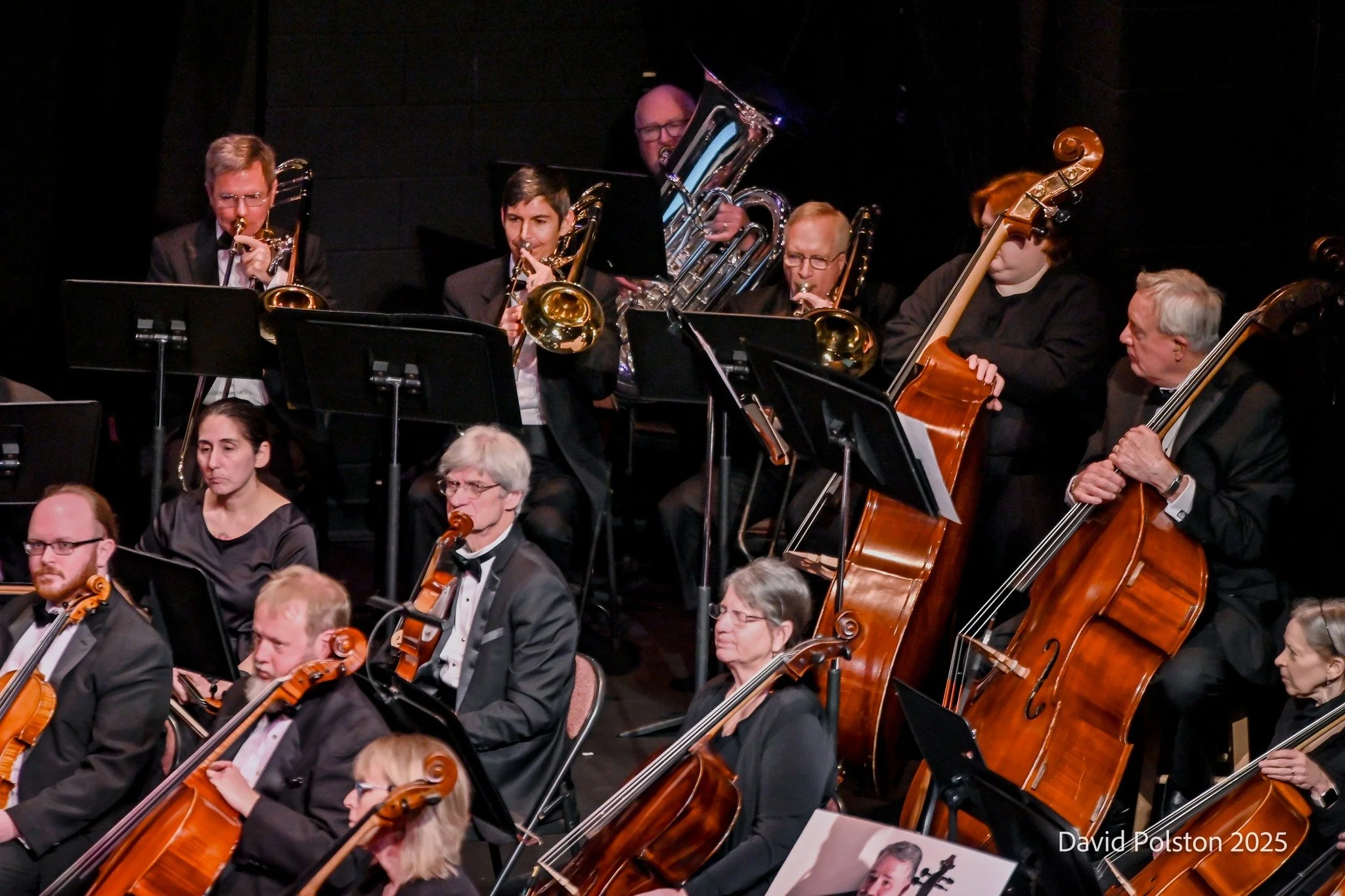 Orchestra performers playing string and wind instruments during a concert, dressed formally in tuxedos and black dresses.