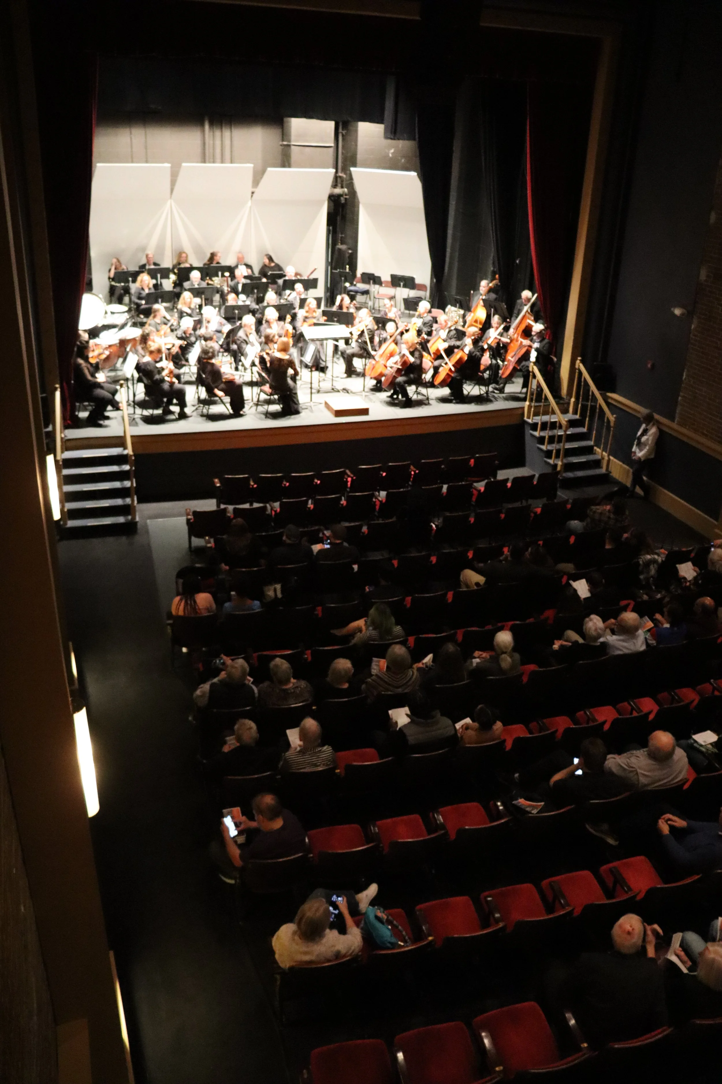 An orchestra performing on stage with string instruments and music stands, audience seated in red chairs watching the performance.