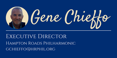 Business card for Gene Chieffo, Executive Director at Hampton Roads Philharmonic, with his photo, name, title, organization, and email address.