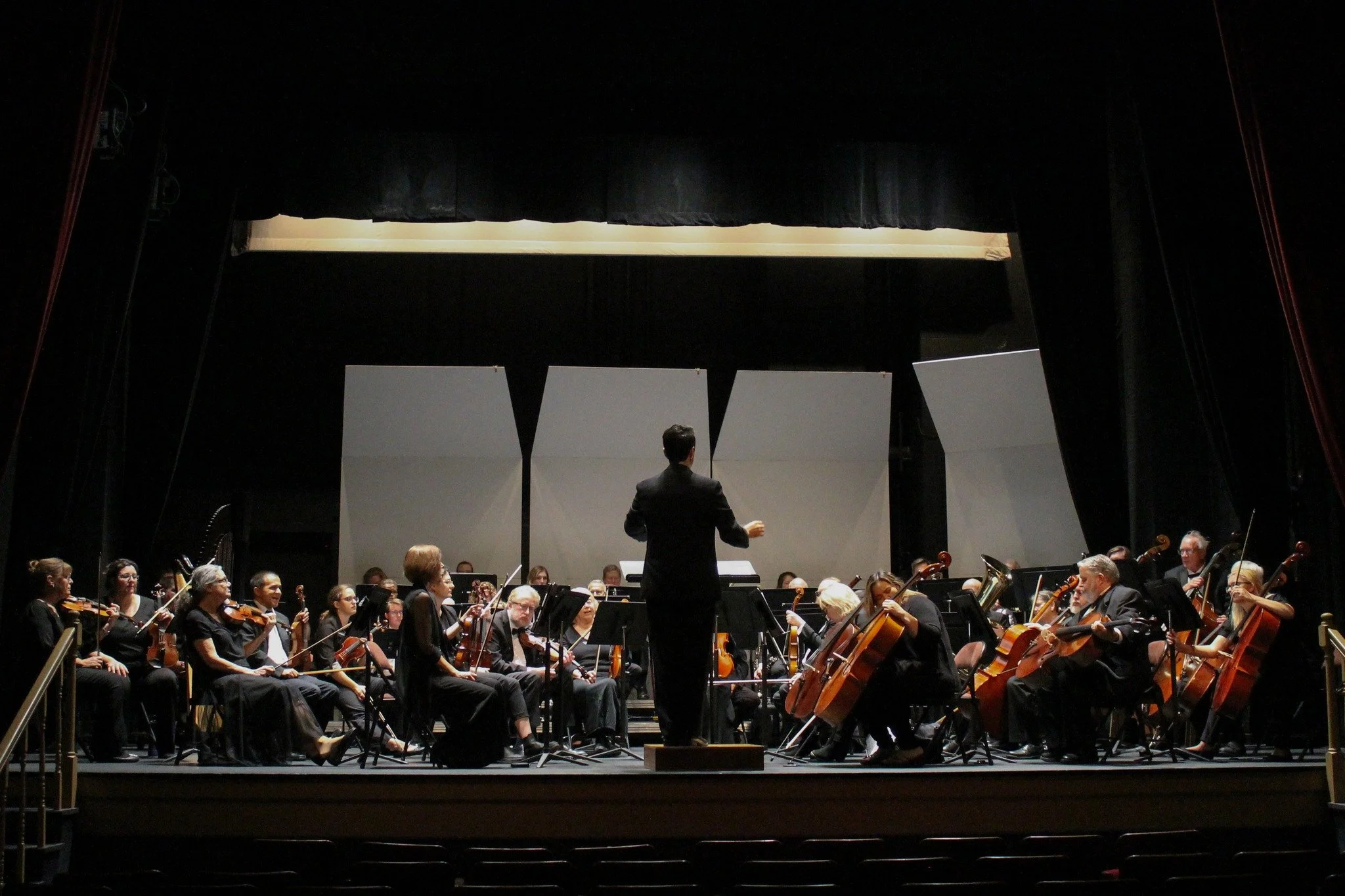 Symphony orchestra performing on stage with a conductor in a dark concert hall.