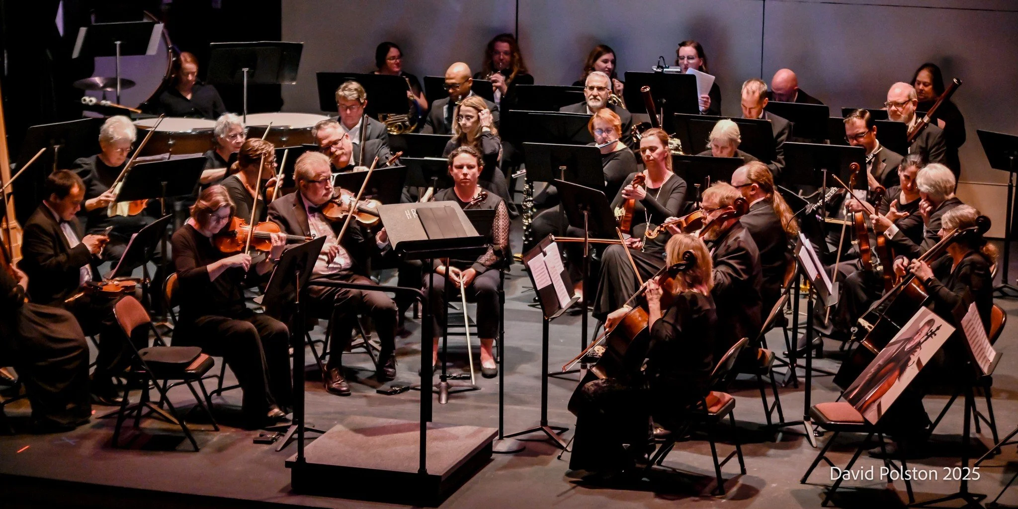 Orchestra performing on stage with musicians playing violins, cellos, woodwinds, and percussion in a concert hall.