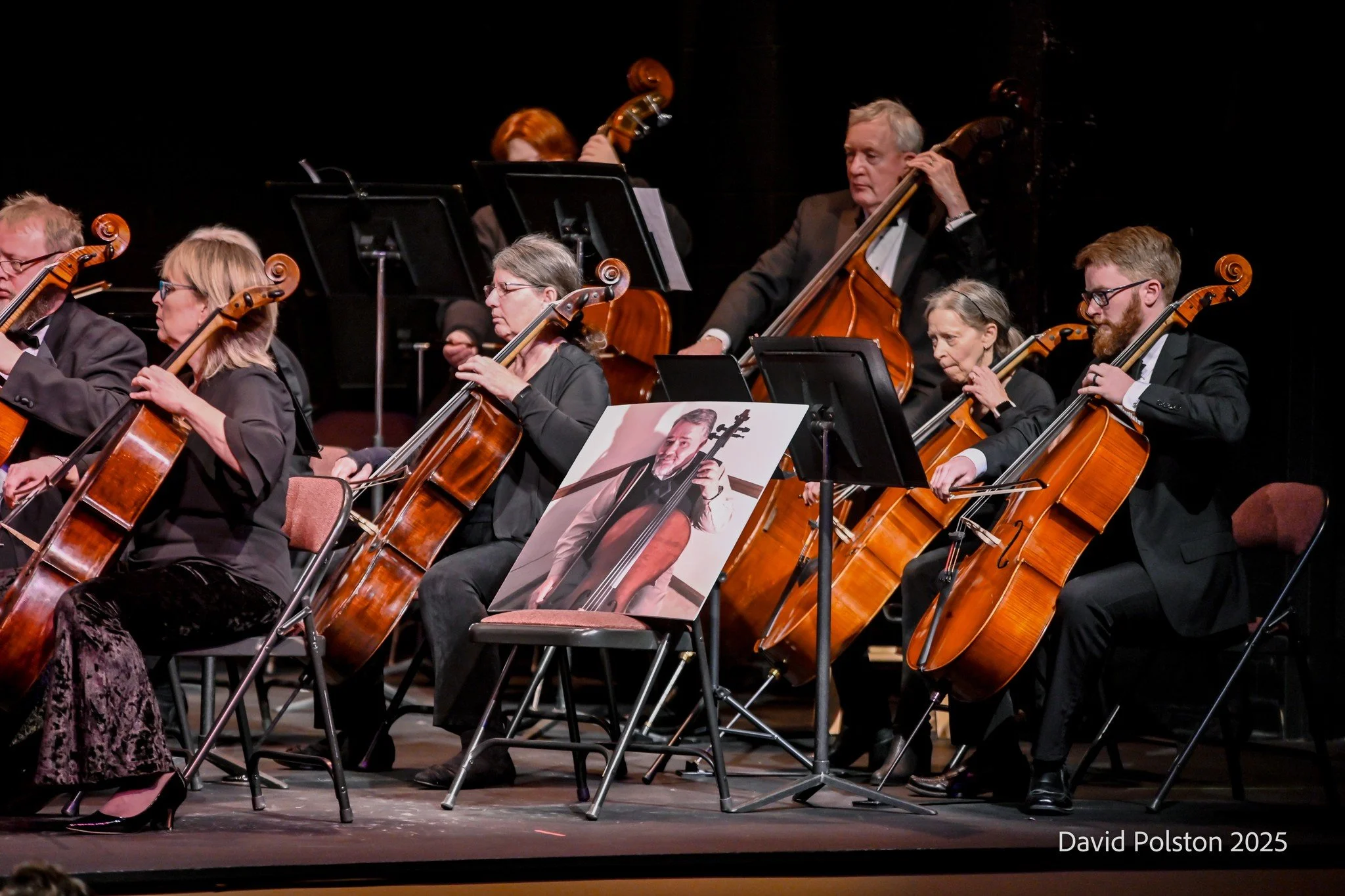 Orchestra musicians playing string instruments on stage with music stands and a portrait of a man holding a violin. The photo is taken during a concert, with a dark background and stage lighting.