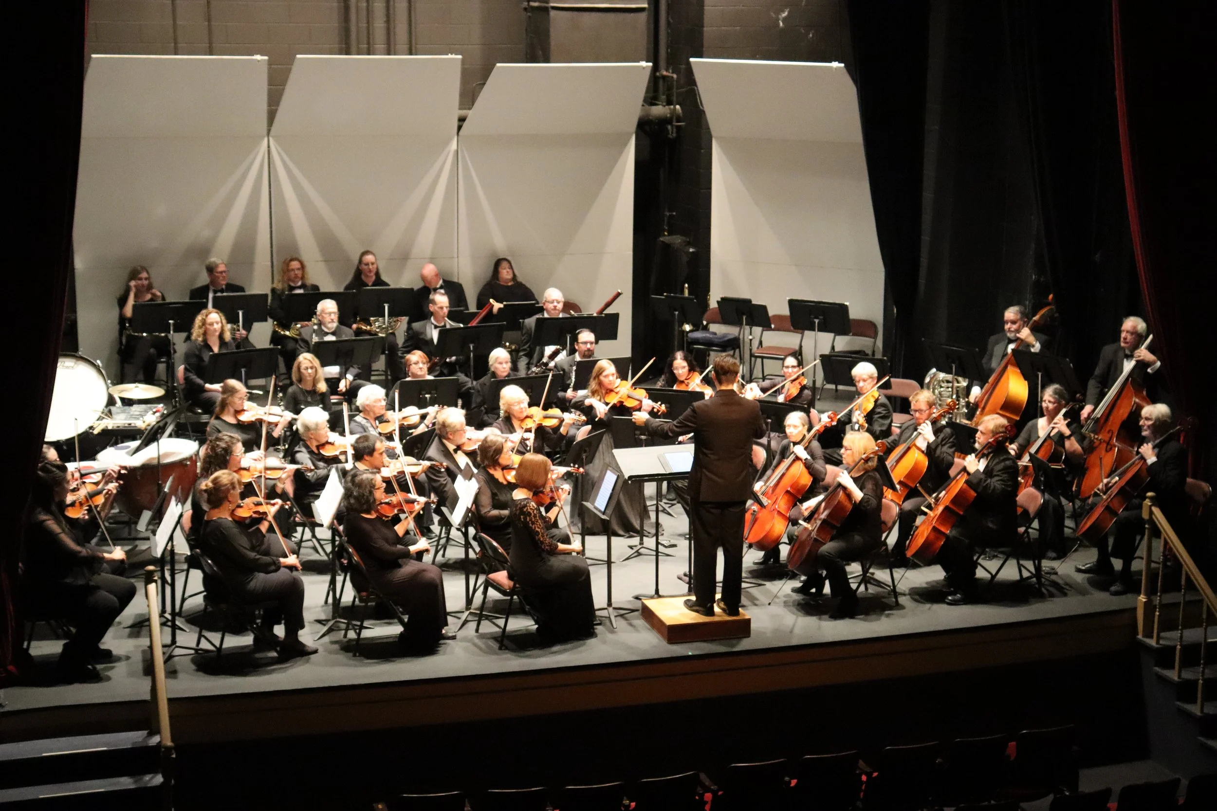 An orchestra on stage, with a conductor leading musicians playing violins, cellos, and other instruments, in a concert hall with a black curtain background.