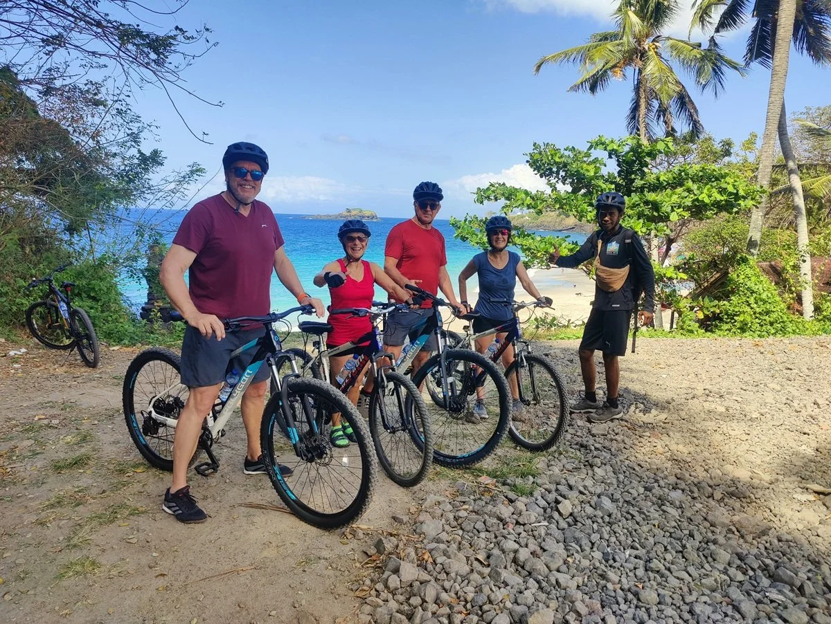 Five people in cycling gear with helmets and sunglasses standing with their bikes on a rocky path near a beach with palm trees, ocean, and blue sky in the background.