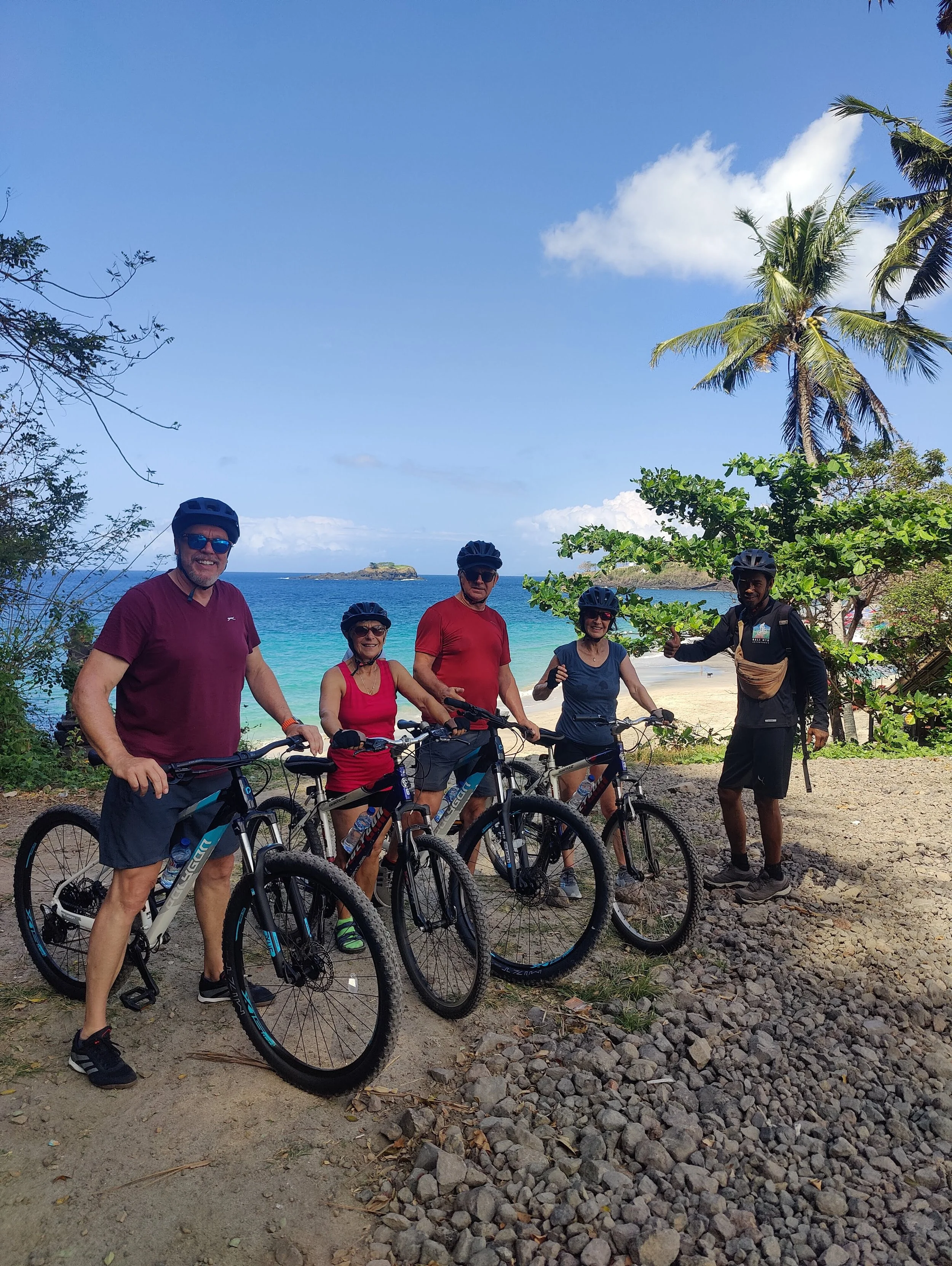 A group of five people with helmets and bicycles standing on a beach with palm trees and an ocean background, smiling at the camera.