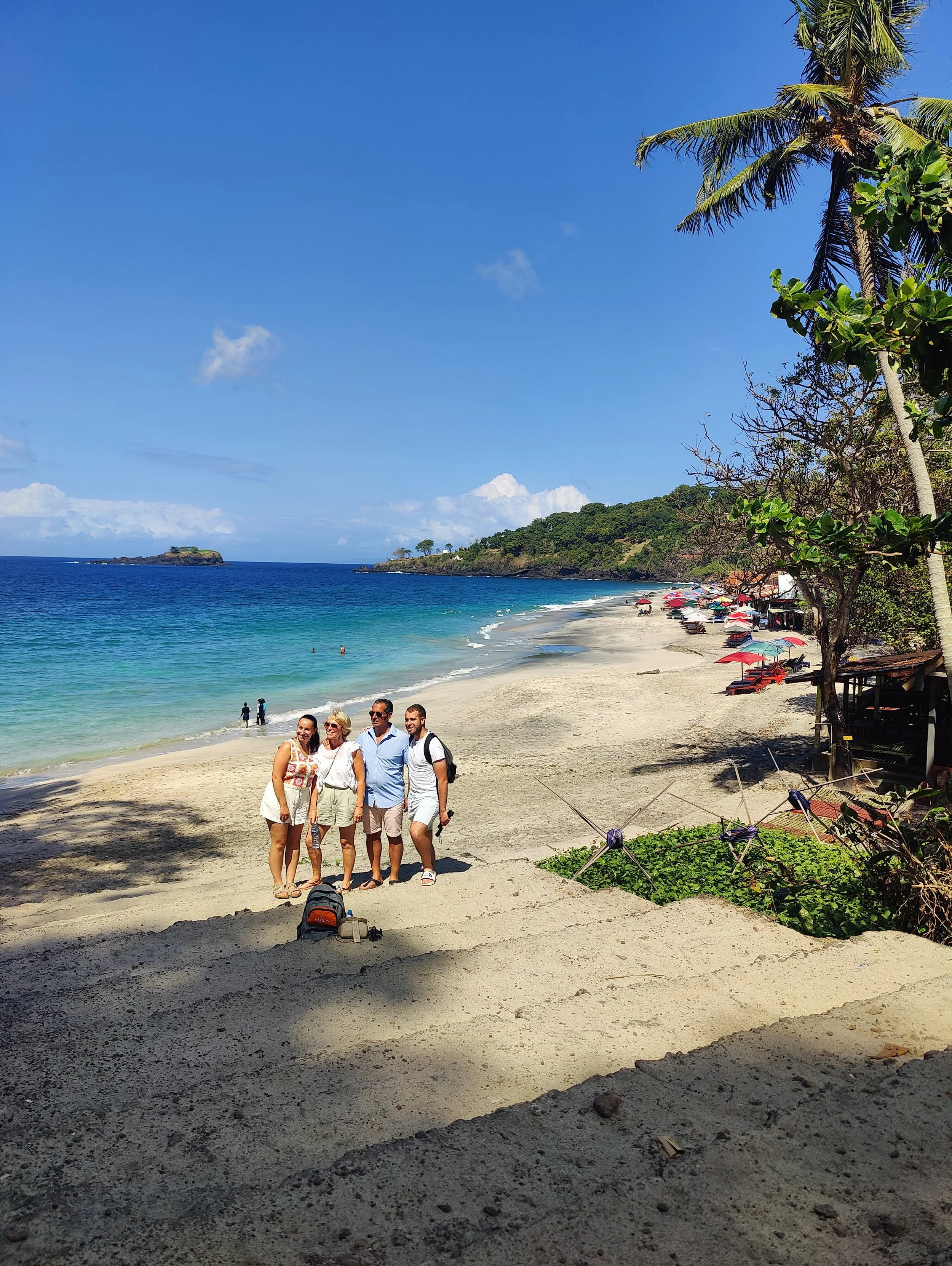 Group of four people standing on a beach with umbrellas and lounge chairs, ocean, blue sky, and palm trees in the background.
