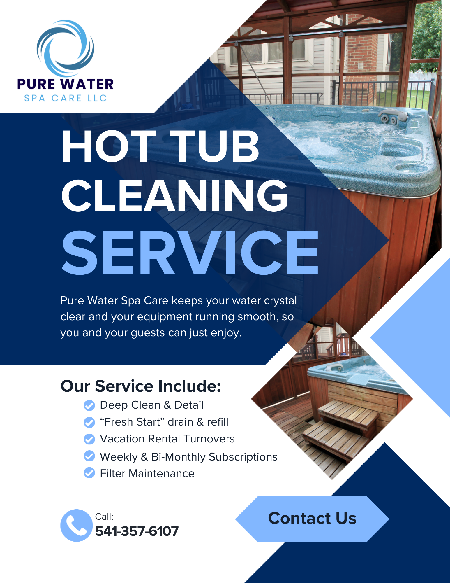 Flyer for Pure Water Spa Care LLC hot tub cleaning service featuring a hot tub on a deck with trees and a house in background, includes service details and contact phone number.