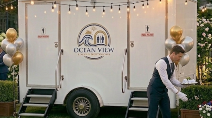A man in a dark vest, white shirt, and apron is setting up or serving at an outdoor event beside a white catering trailer decorated with gold and silver balloons and a sign that reads 'Ocean View Long Beach Neonlights.' The trailer has two bathroom signs, one for men and one for women.