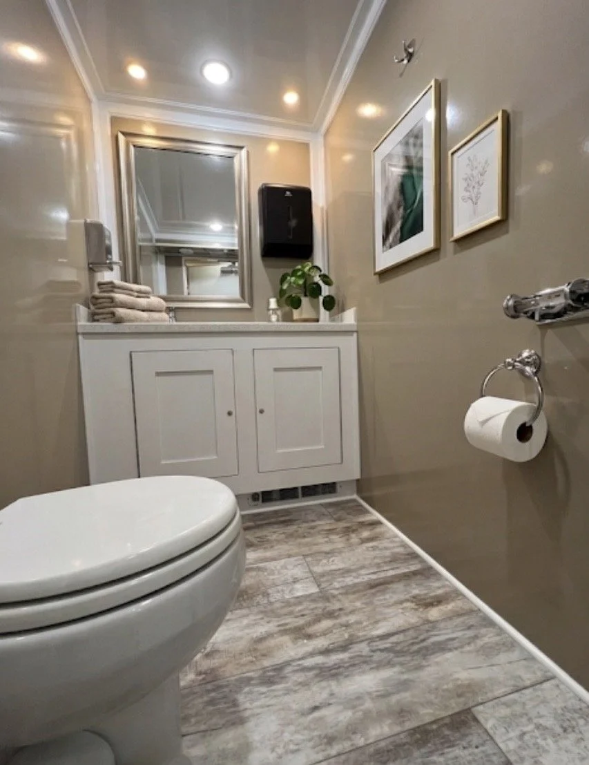 A small modern bathroom with beige walls, a white toilet, a white vanity with a mirror, two framed pictures on the wall, a potted plant, folded towels, a toilet paper holder with a roll, and recessed ceiling lights.