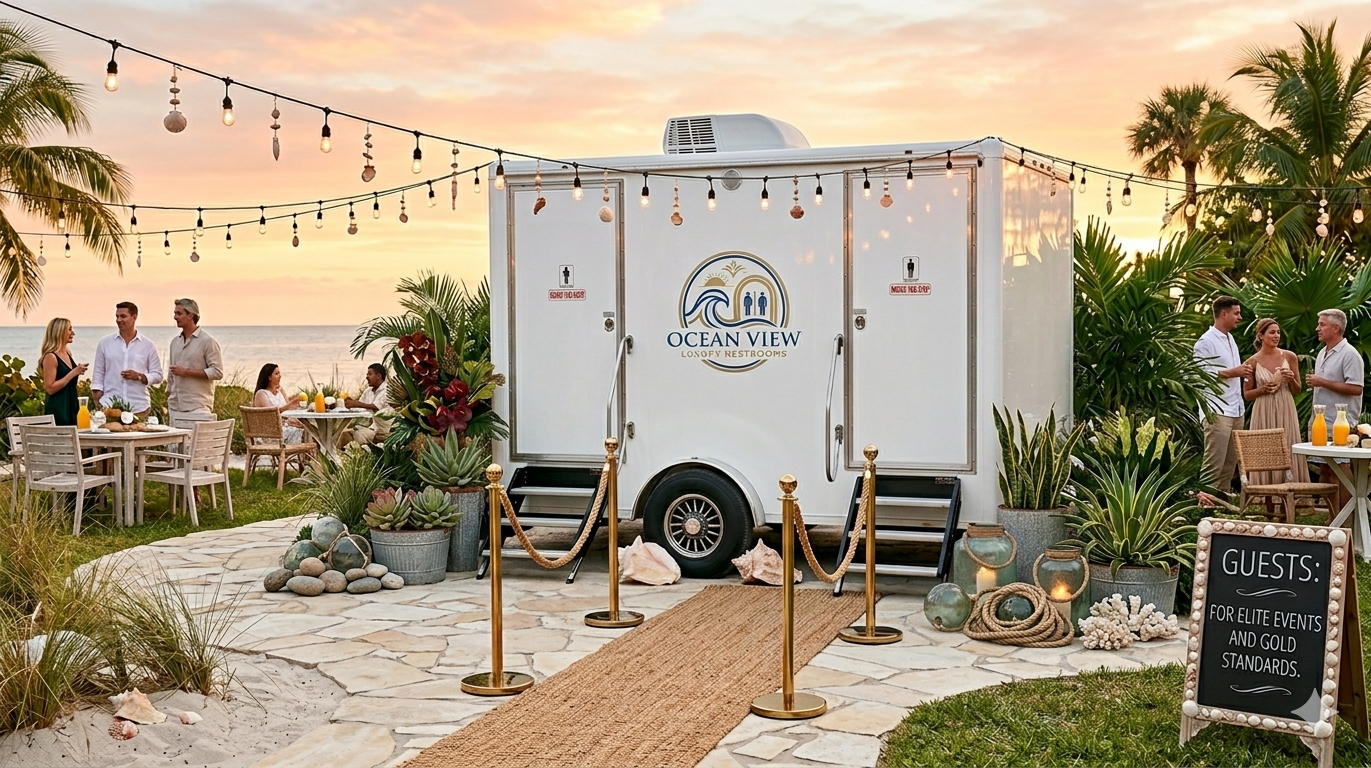 A mobile restroom trailer labeled 'Ocean View' at a seaside outdoor event during sunset, decorated with tropical plants, string lights, and guests socializing.