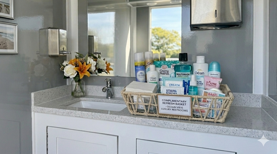 A bathroom sink area with a mirror, a vase of flowers, and a basket of toiletries including sunscreen, mouthwash, and lip balm, with a sign offering complimentary restroom amenities.