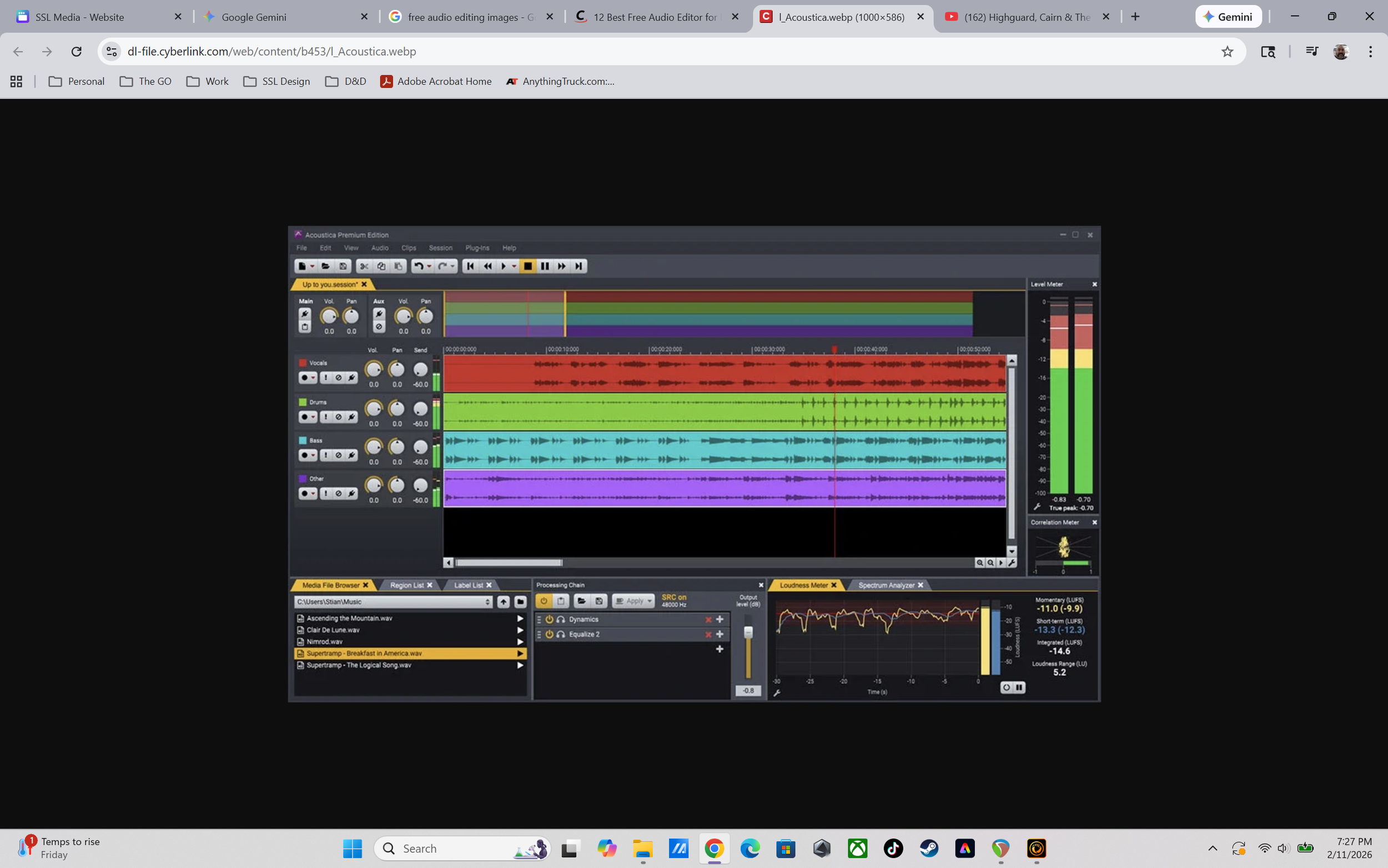 Screenshot of audio editing software with multiple tracks, waveforms, and level meters visible.