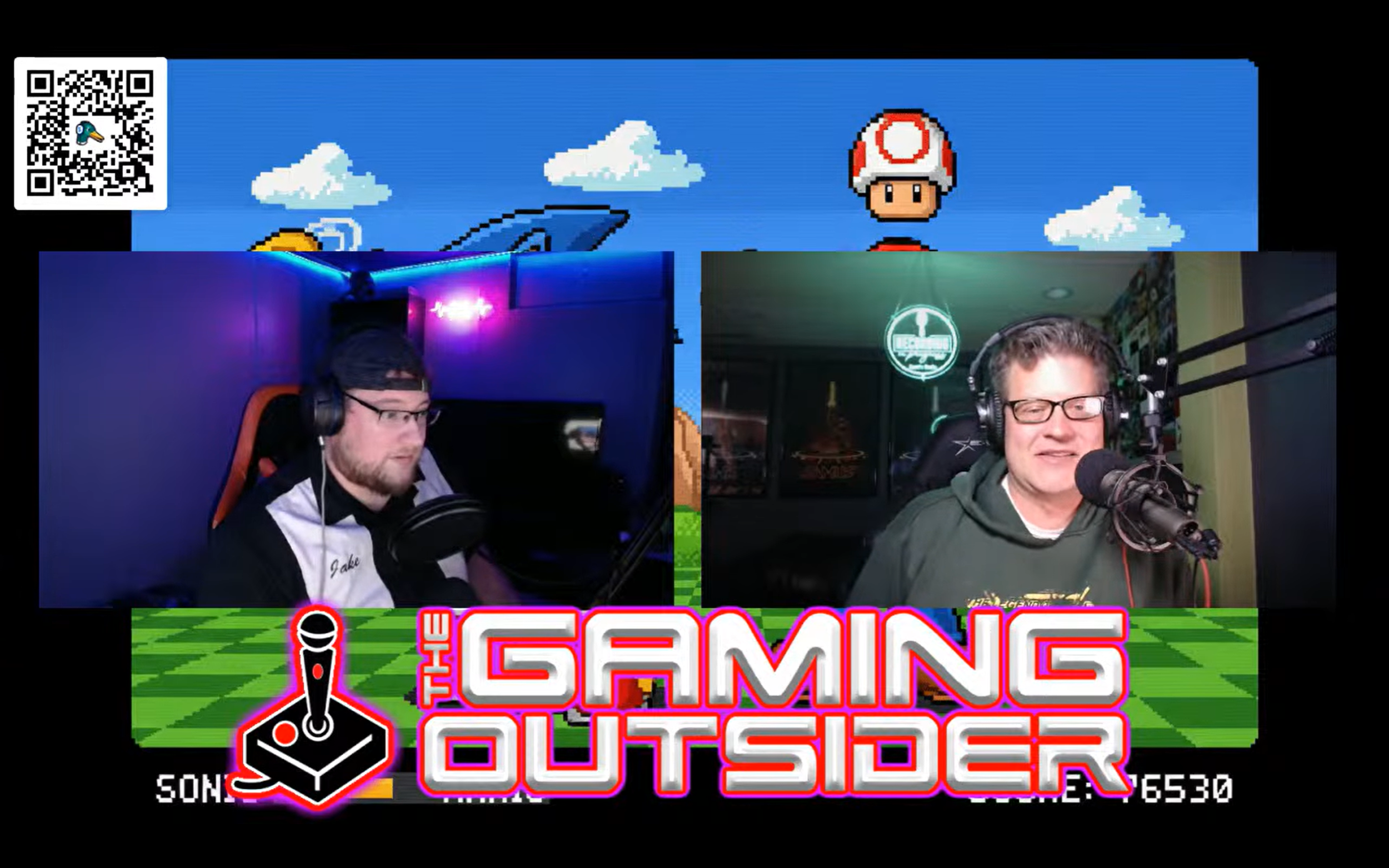 Two men with headsets and microphones engaged in a podcast or streaming session, with a Nintendo-themed background showing pixel art of Cloud from Final Fantasy and Toad from Mario, and text that reads 'The Gaming Outsider'.