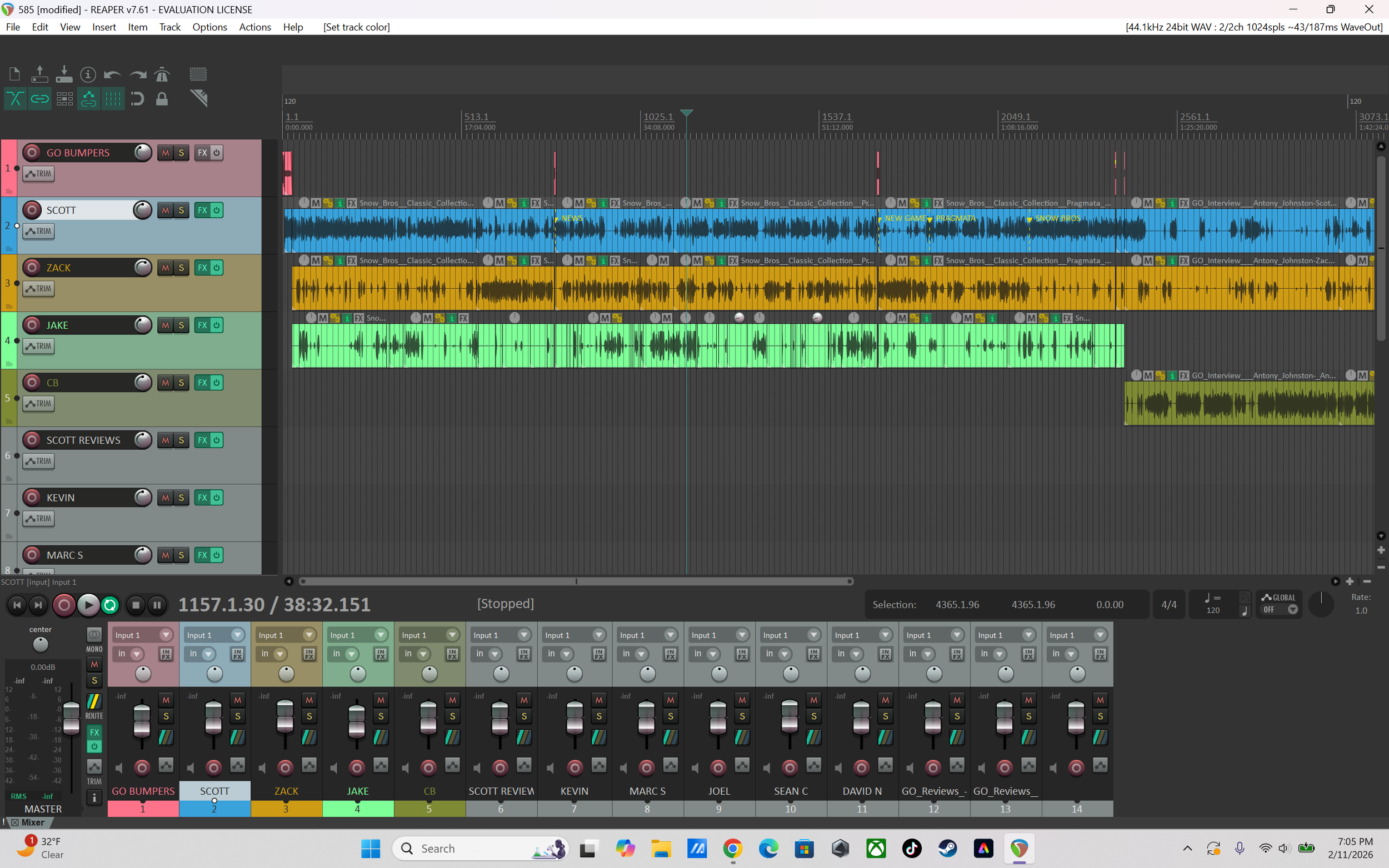 Screenshot of a digital audio workstation (DAW) interface displaying multiple tracks with audio waveforms and editing controls. The tracks are labeled with names such as GO BUMPERS, SCOTT, ZACK, JAKE, CB, SCOTT REVIEWS, KEVIN, MARC S, JOEL, SEAN C, DAVID N, and others, indicating a multi-track audio editing project.