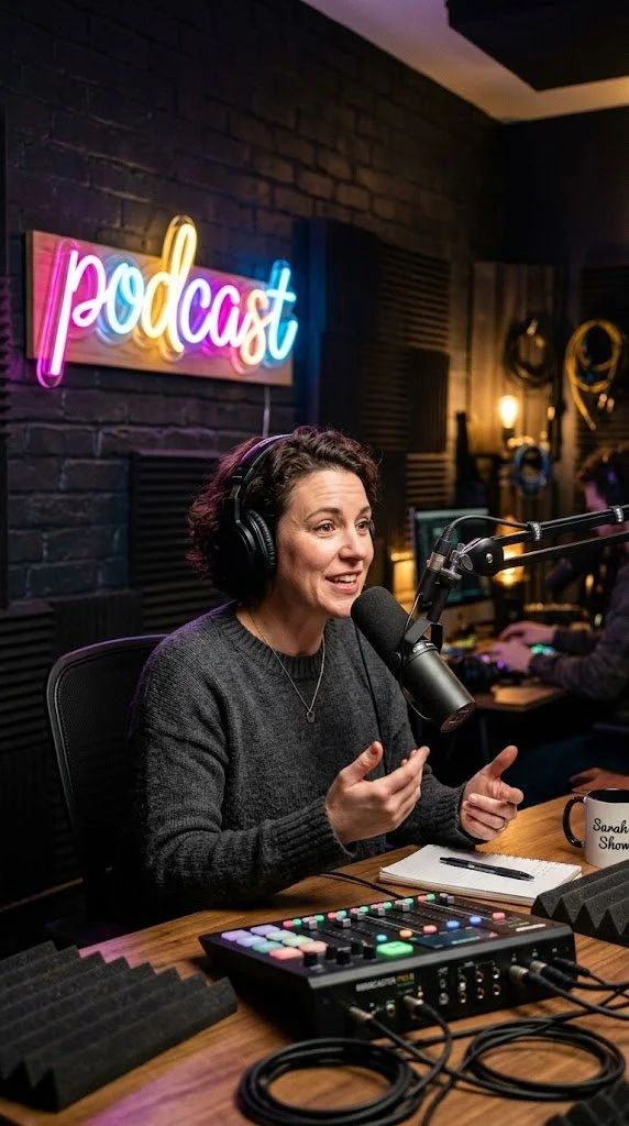 A woman with short dark hair and headphones speaking into a microphone during a podcast recording in a studio with 'podcast' neon sign in the background.