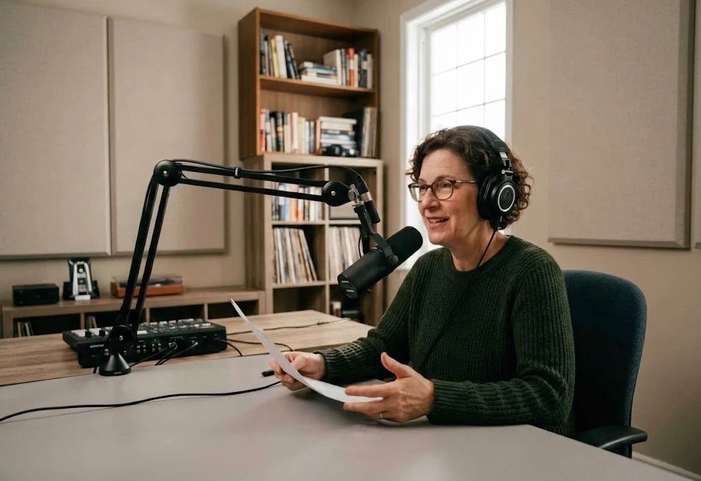 A woman with short curly hair, wearing glasses and a dark green sweater, is sitting in front of a microphone in a recording studio or radio station. She is smiling and holding papers. She is wearing headphones and is seated at a table with audio equipment. There are bookshelves and a window in the background.