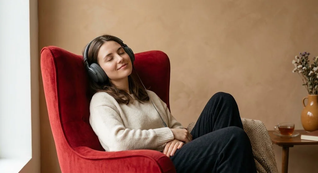 A young woman with brown hair, wearing a beige sweater, is sitting in a red armchair with her eyes closed and listening to music with black over-ear headphones. She looks relaxed and content.