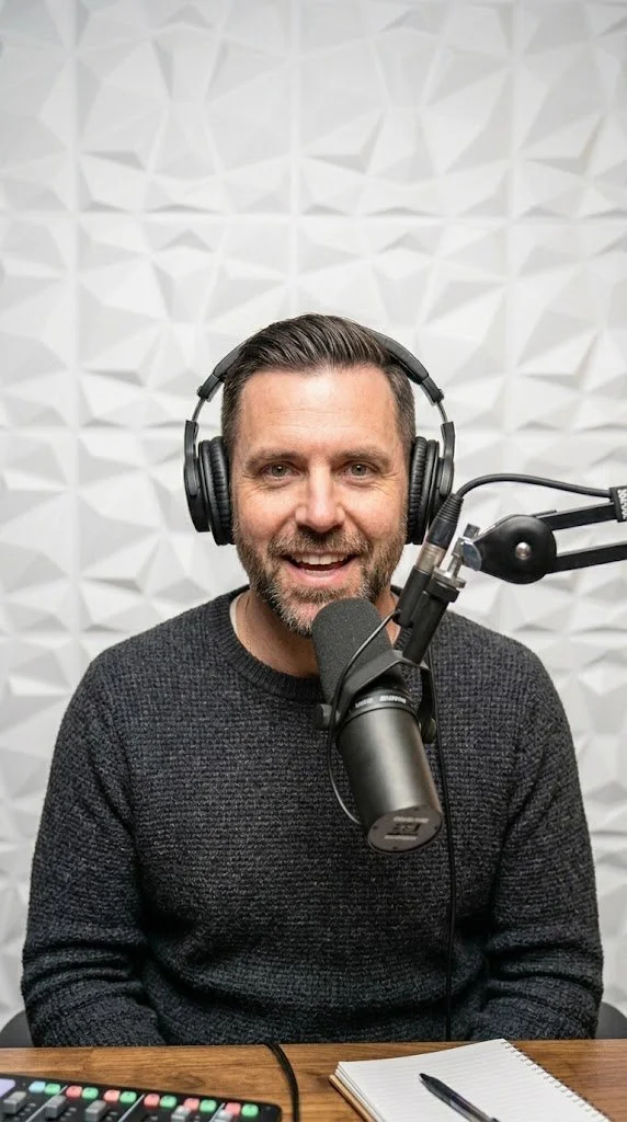 A man with headphones speaking into a microphone in a recording studio, sitting at a desk with a notebook and pen.
