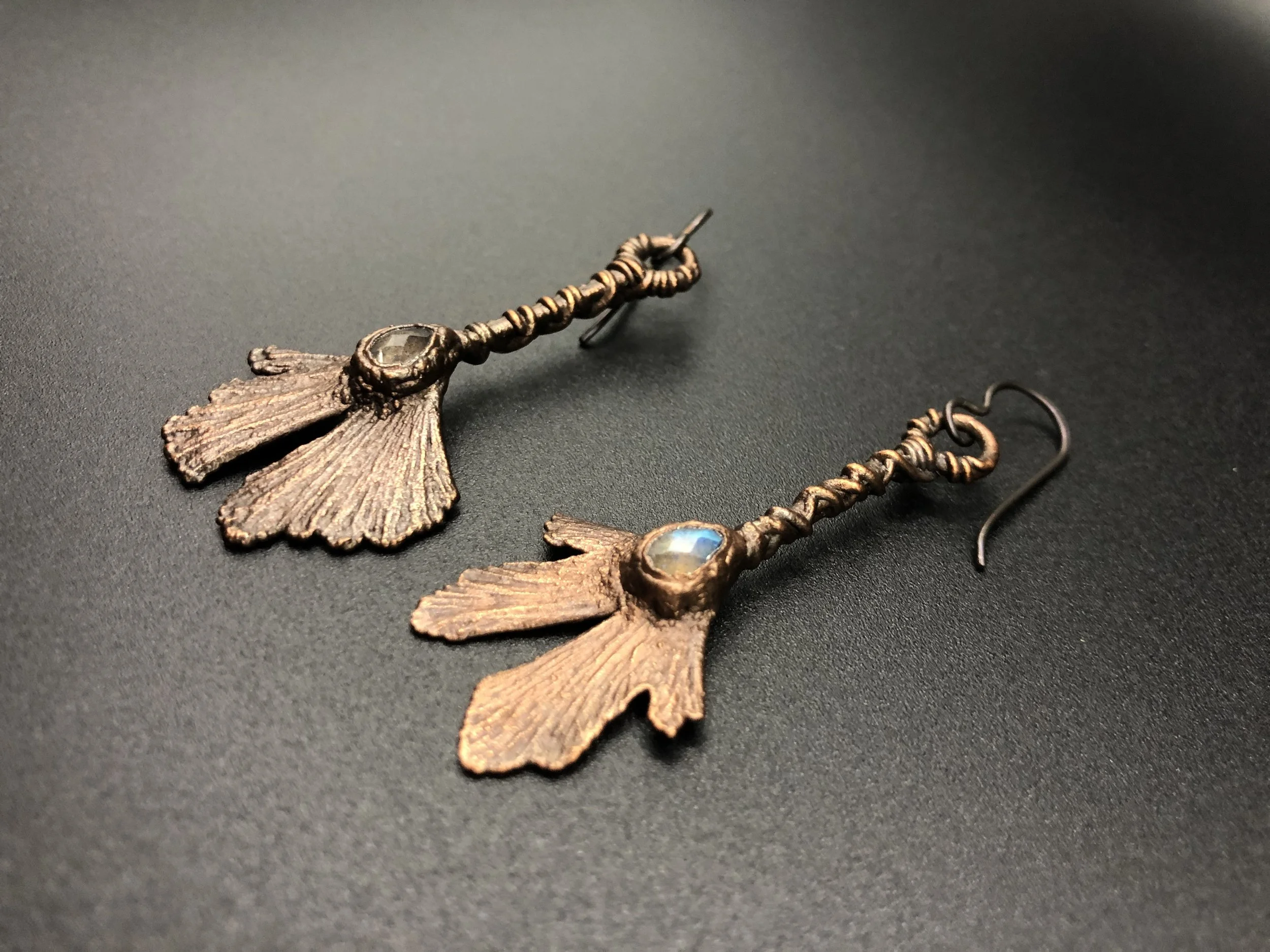 Electroformed Copper Ginkgo and Faceted Labradorite Earrings