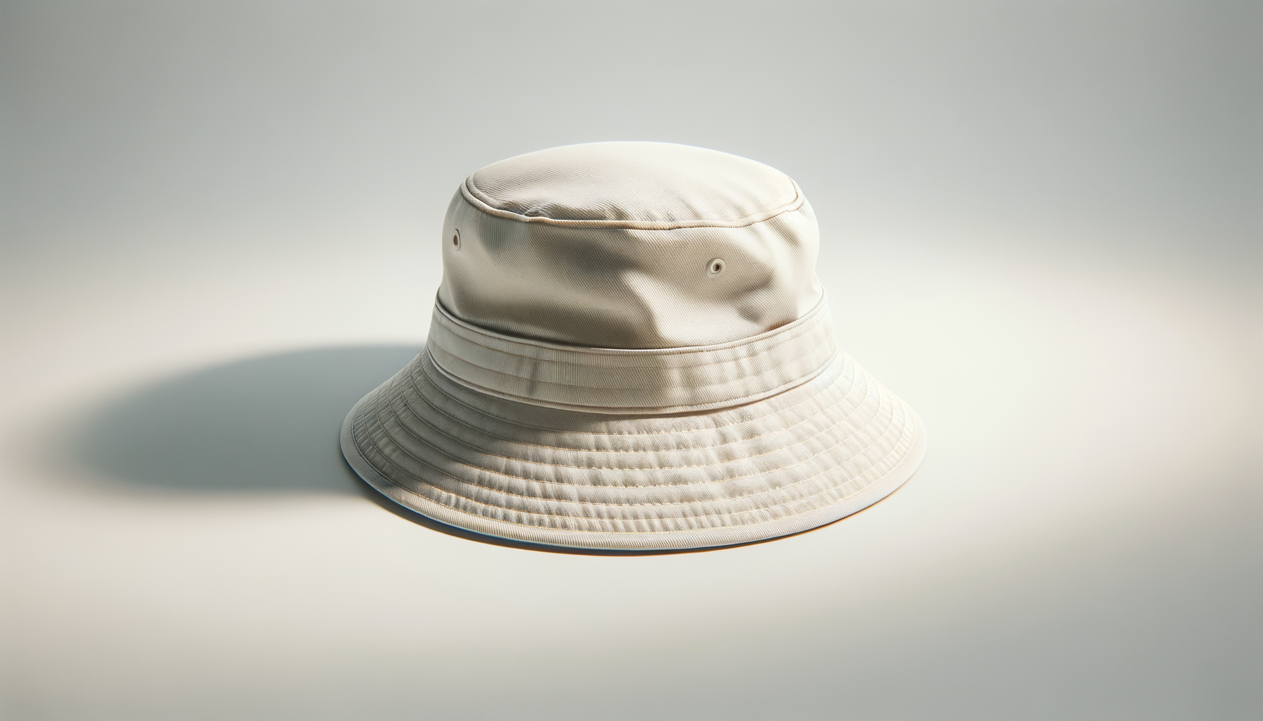 A beige wide-brimmed bucket hat casting a shadow on a plain, light background.