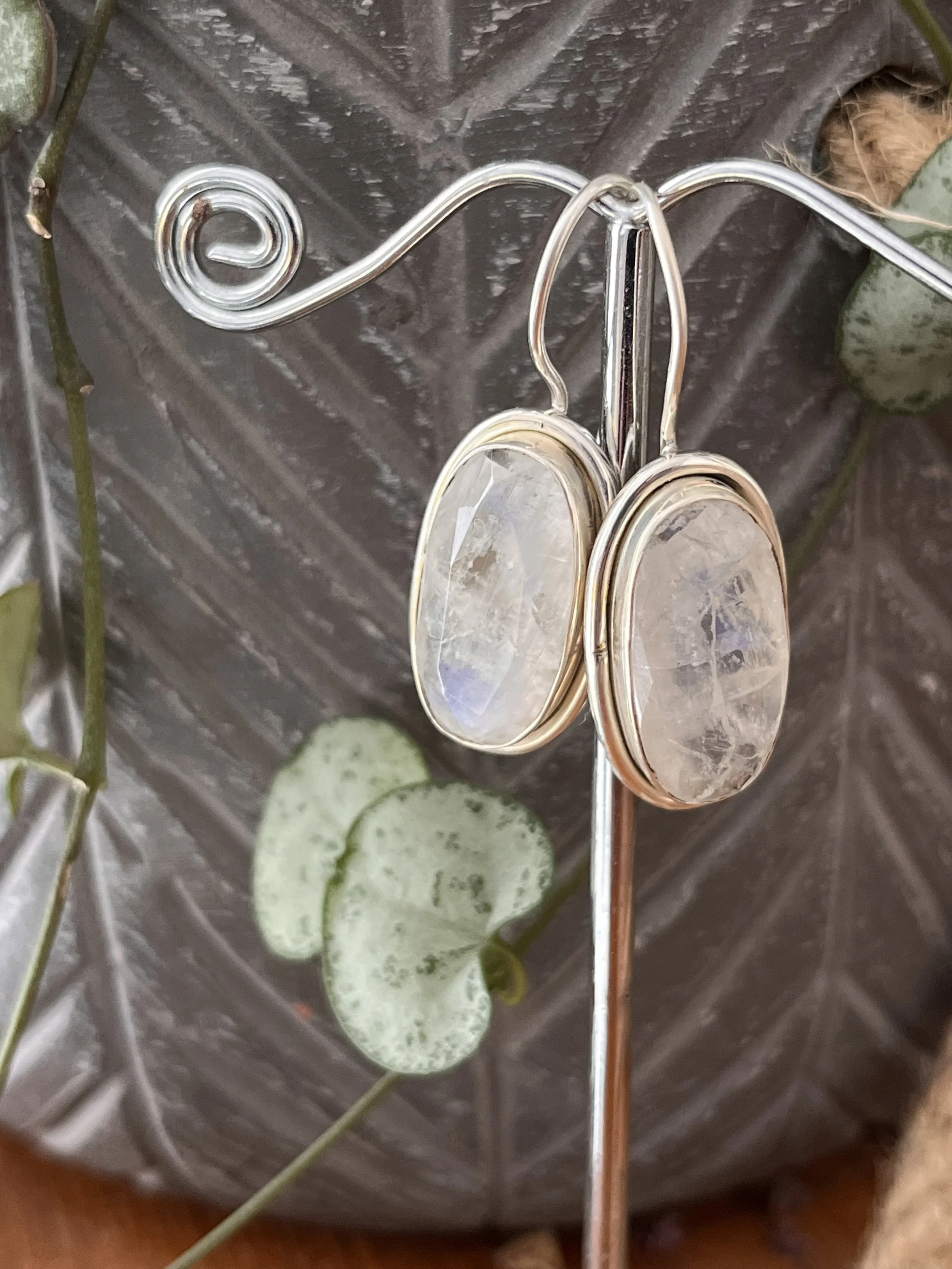 Faceted Rainbow Moonstone Oval Drop Earrings