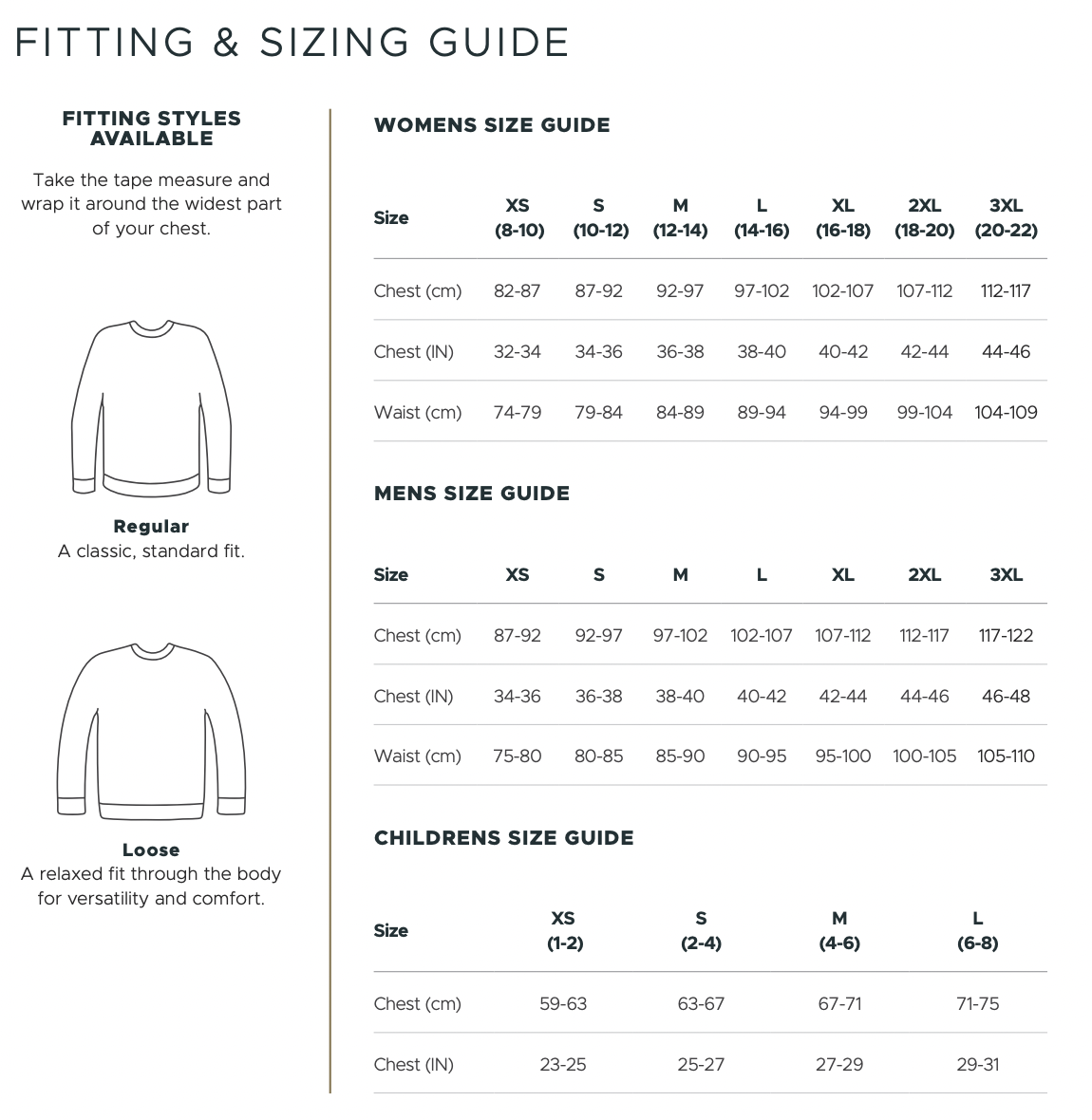 Fitting and sizing guide for women's, men's, and children's clothing, including size charts with measurements in centimeters and inches for various sizes.