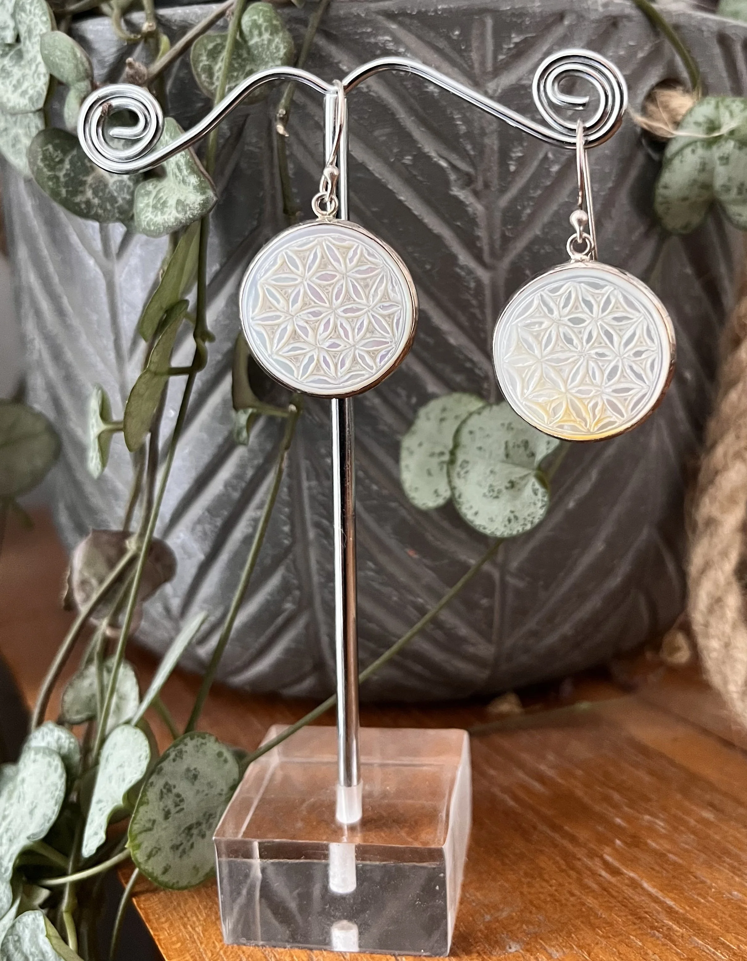 Mother of Pearl Carved Flower of Life Earrings