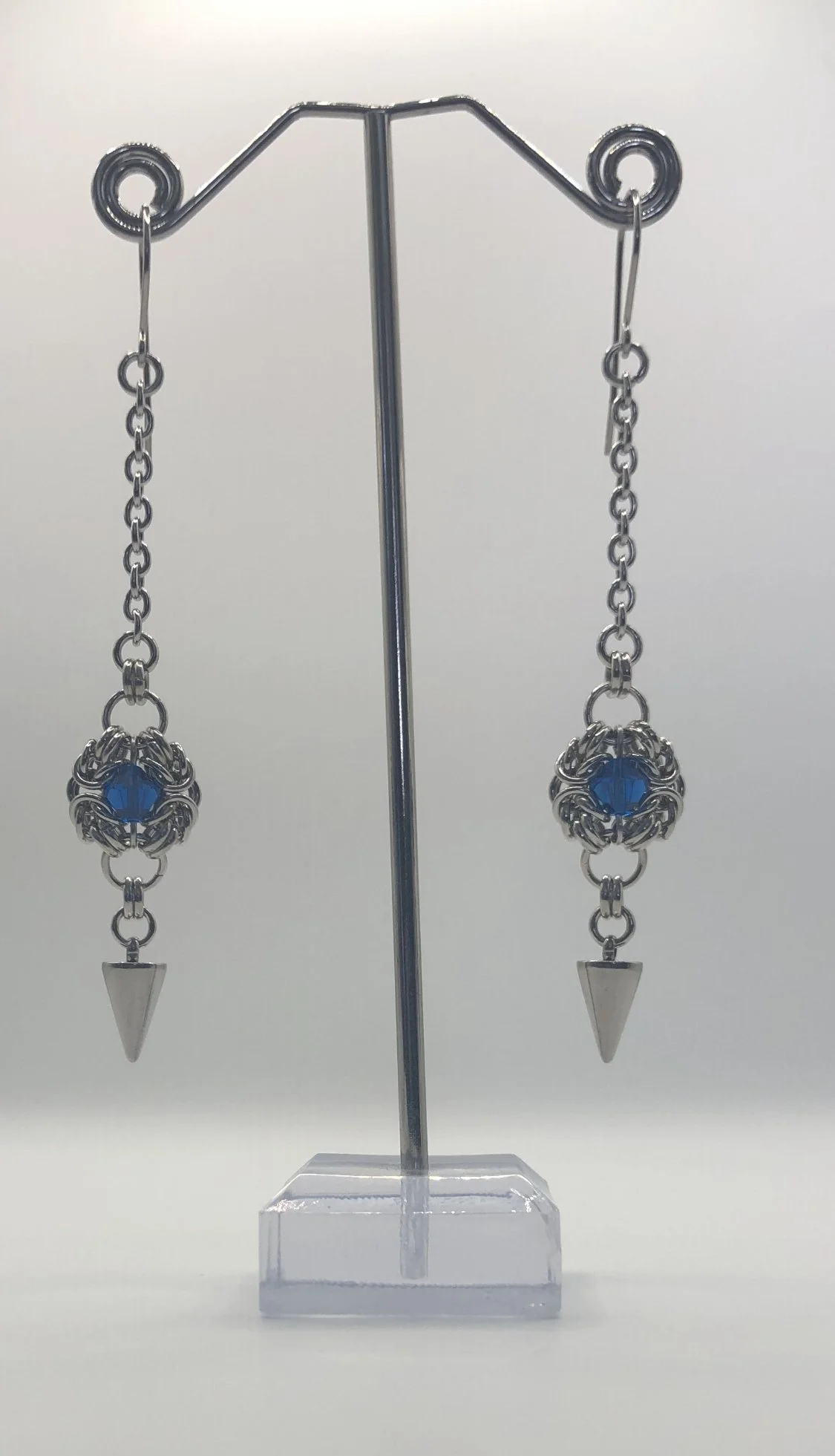 Stainless Steel Chain Maile Drop Earrings with Blue Swarovski Crystal
