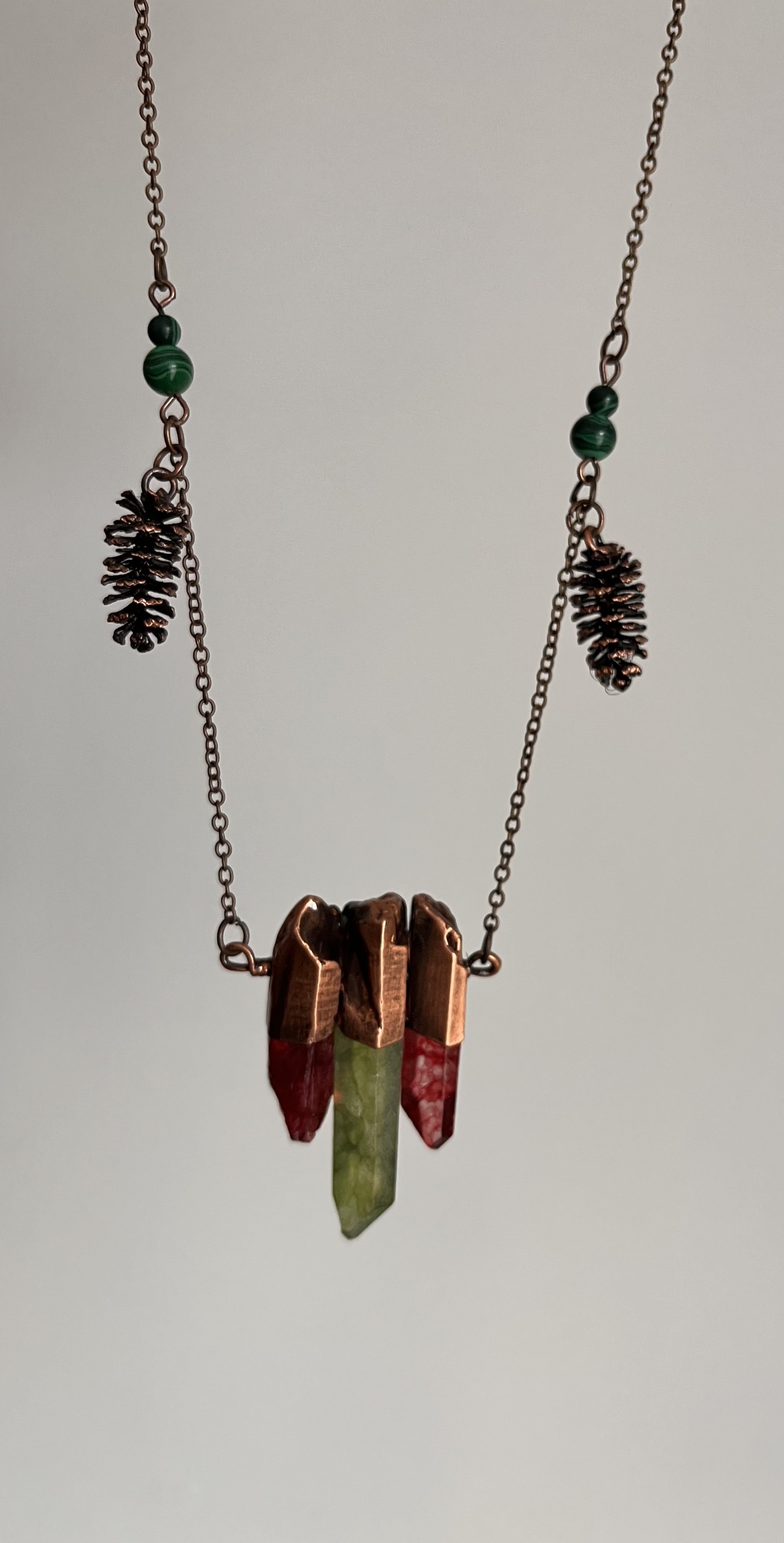 Electroformed Copper and Quartz Pendant With Seeds and Malachite Beads