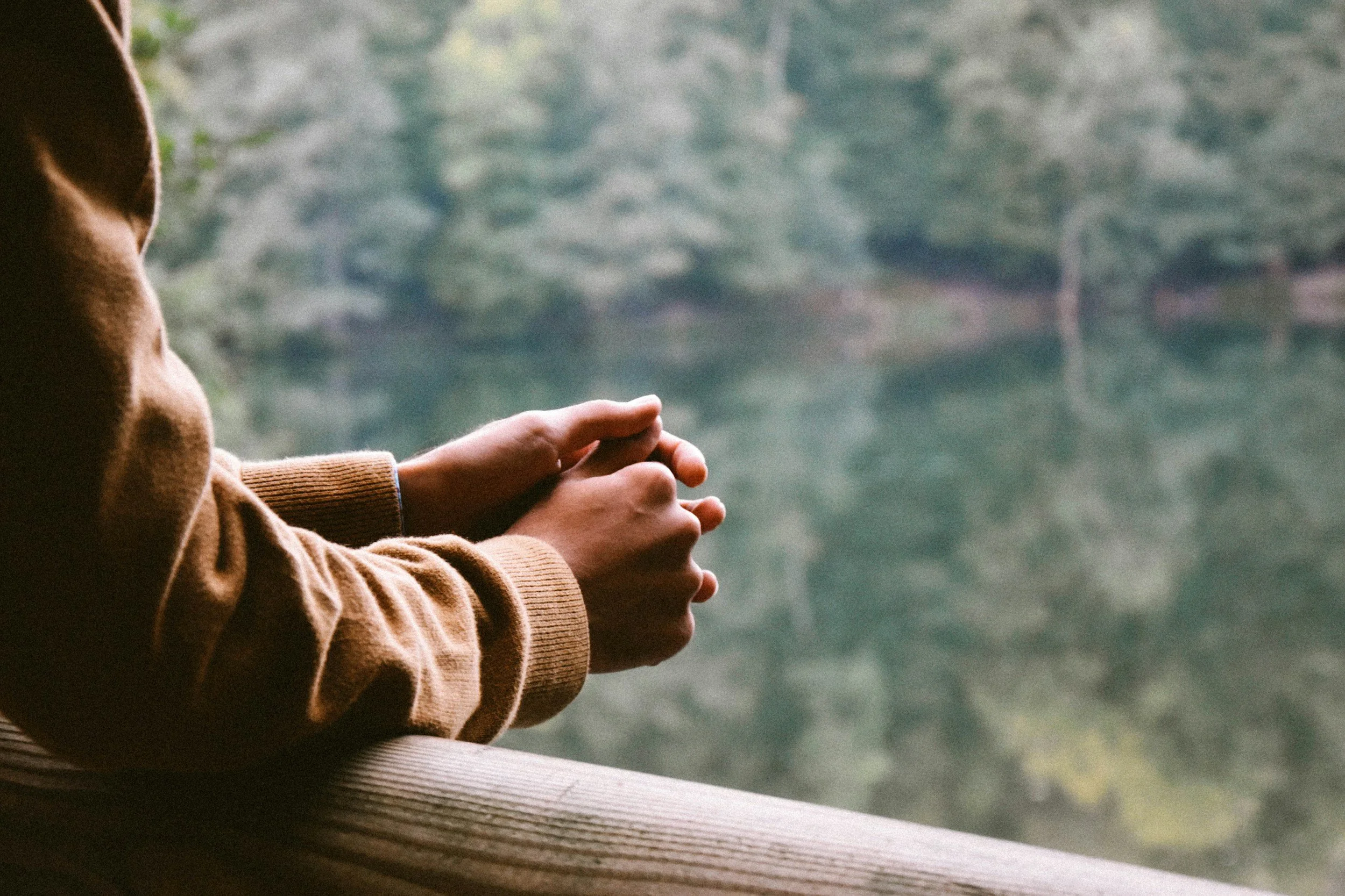 Person wearing a brown sweater sitting outdoors with hands clasped, overlooking a blurred green forest background.
