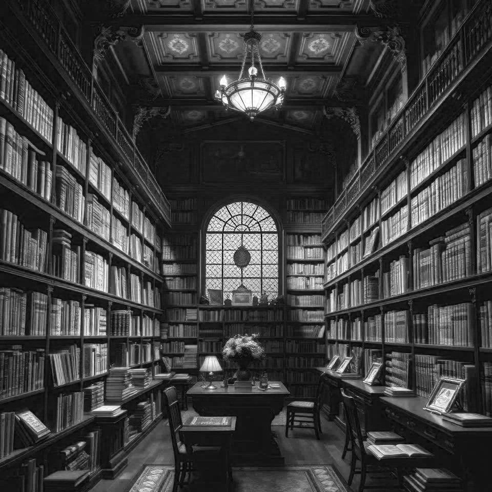 Black and white photo of a library with tall bookshelves filled with books, a large stained glass window, a chandelier hanging from the decorated ceiling, and a table with a lamp and flowers in the center.