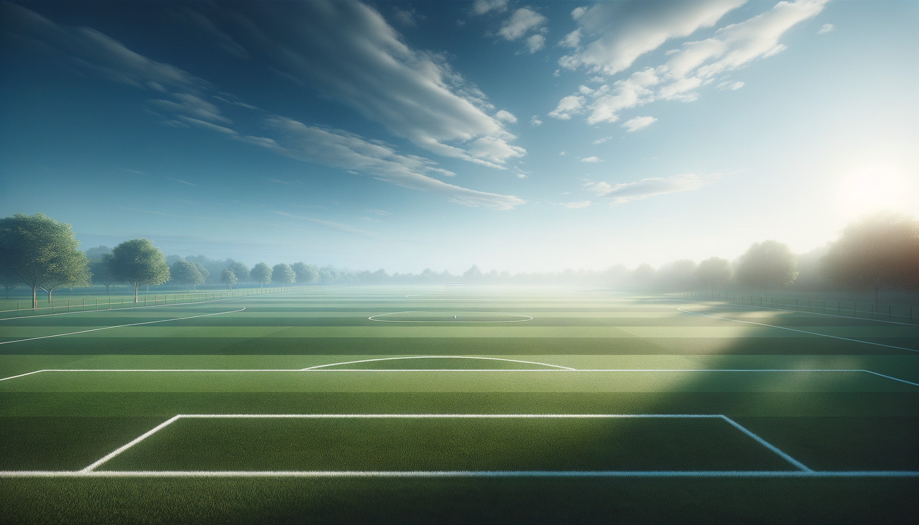 Empty soccer field with white boundary lines, surrounded by trees, under a partly cloudy sky during sunrise or sunset.