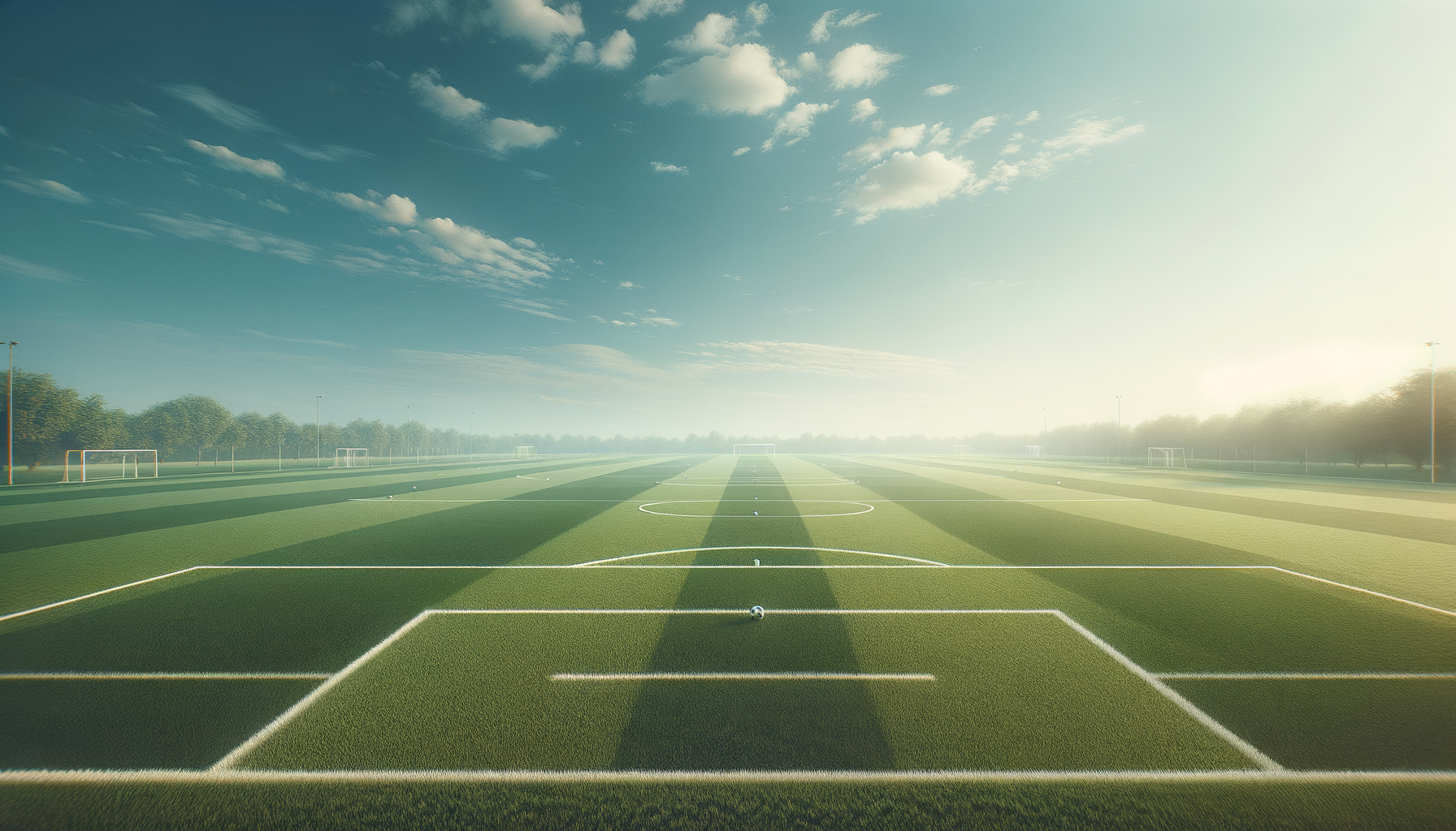 Empty soccer field on a sunny day with a blue sky and scattered clouds