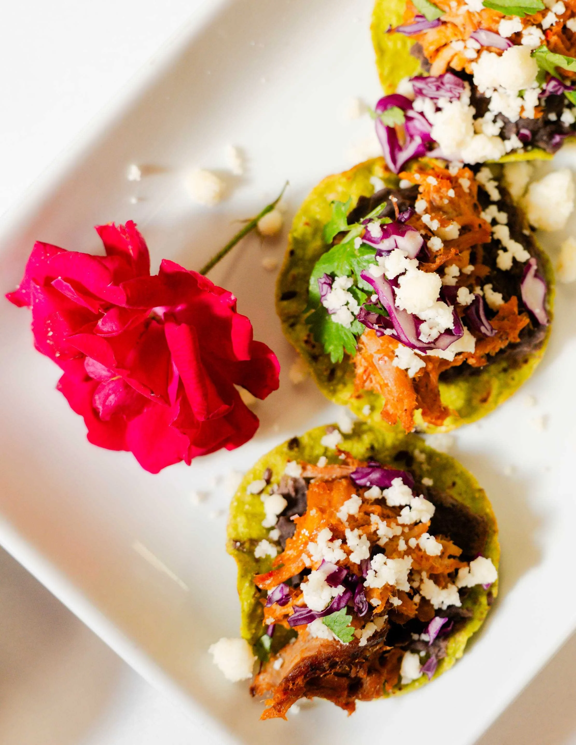 Colorful tostadas topped with shredded meat, cabbage, cheese, cilantro, and a floral garnish