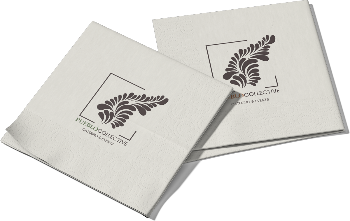 Branded Pueblo Collective Catering & Events cocktail napkins featuring the company logo
