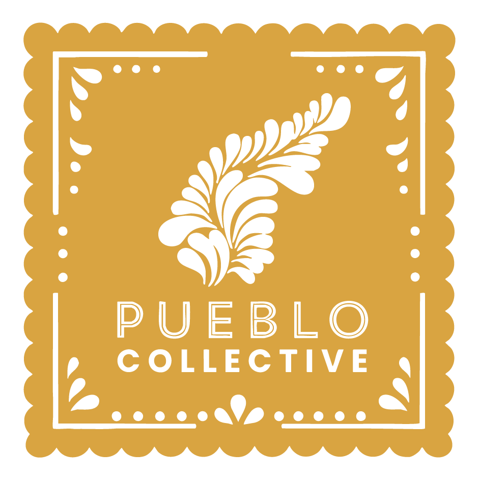 Pueblo Collective logo illustrated in a gold papel picado-inspired design