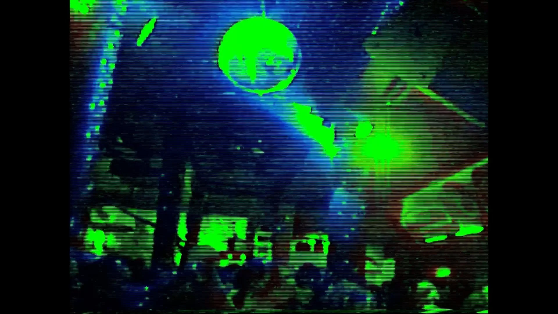A distorted photo of a person under a streetlamp at night, with green and blue color effects and digital interference.